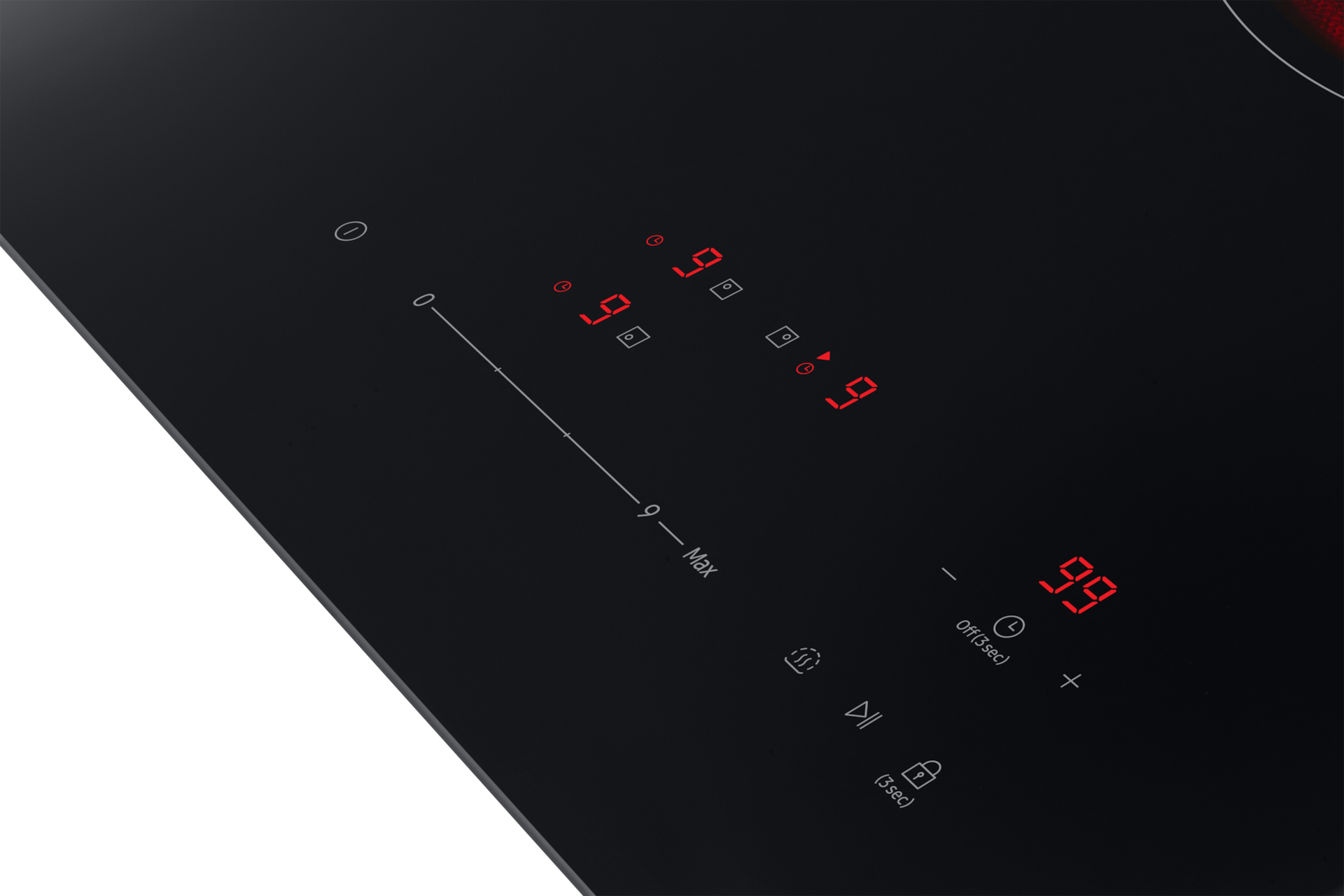 전기레인지 하이브리드 블랙 정면 위 15도  오른쪽 상단 모서리 확대