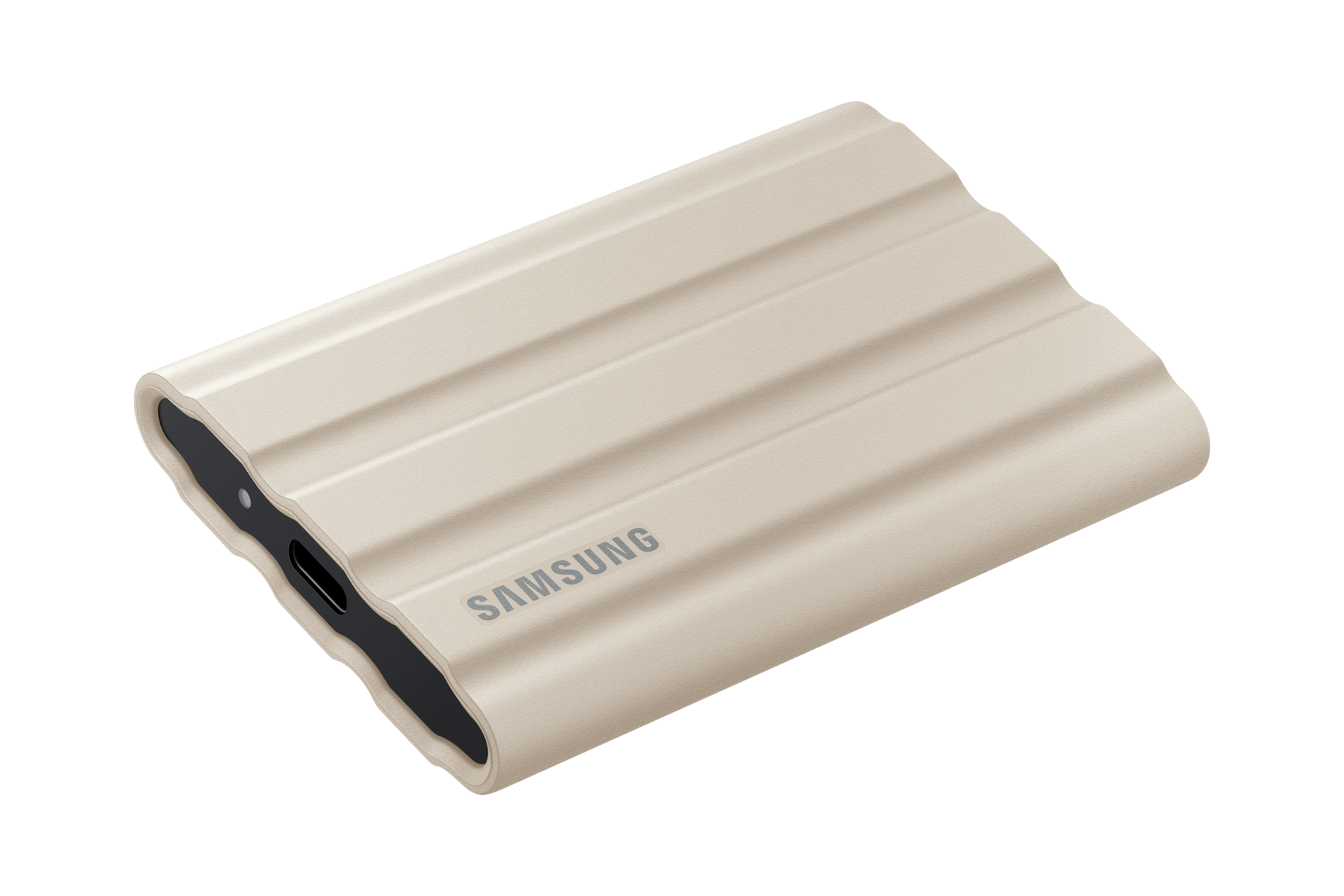 외장 SSD T7 Shield USB 3.2 Gen 2 2 TB (베이지) 제품 눕혀져 있는 모습 뒷쪽 45도에서 바라본 이미지