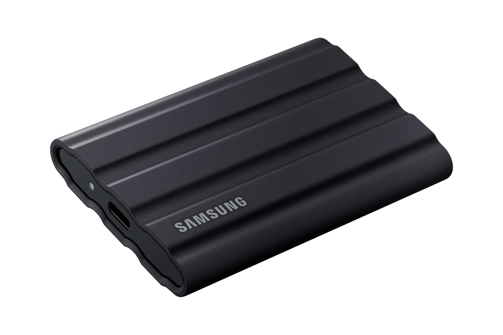 외장 SSD T7 Shield USB 3.2 Gen 2 2 TB 블랙 제품 눕혀져 있는 모습 뒷쪽 45도