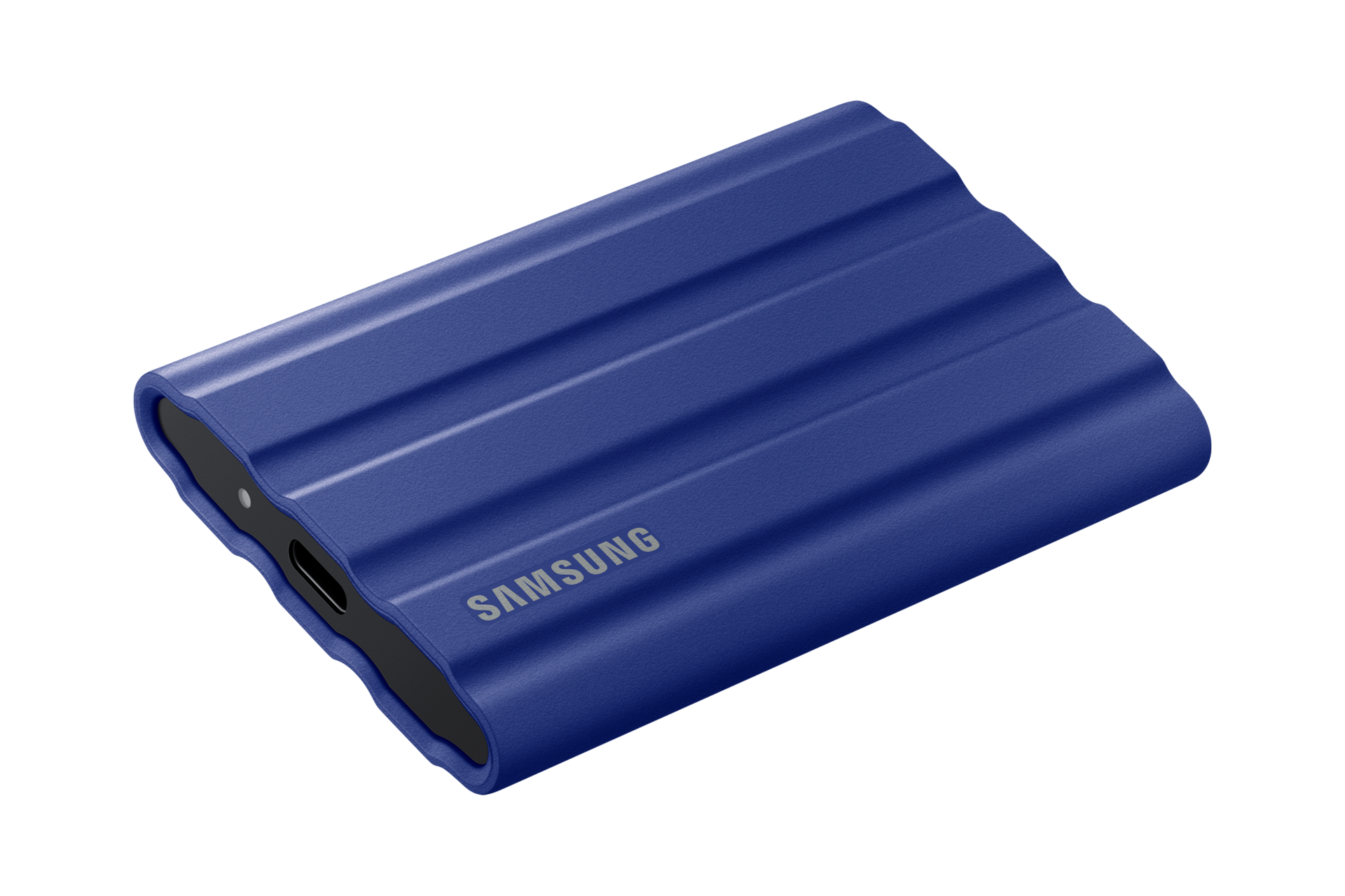 외장 SSD T7 Shield USB 3.2 Gen 2 1 TB (블루) 제품 눕혀져 있는 모습 뒷쪽 45도에서 바라본 이미지