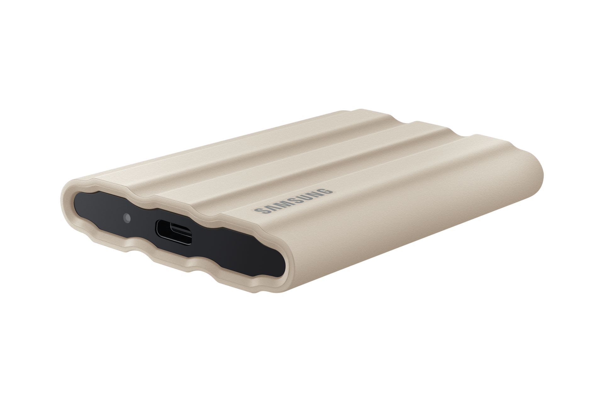 외장 SSD T7 Shield USB 3.2 Gen 2 2 TB (베이지) 제품 눕혀져 있는 모습 왼쪽 30도에서 바라본 이미지
