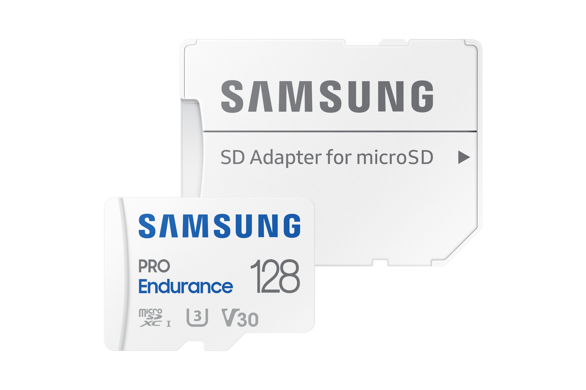 마이크로SD 메모리카드 PRO Endurance 128 GB 화이트 정면, 그레이 SD 어댑터 정면 겹침