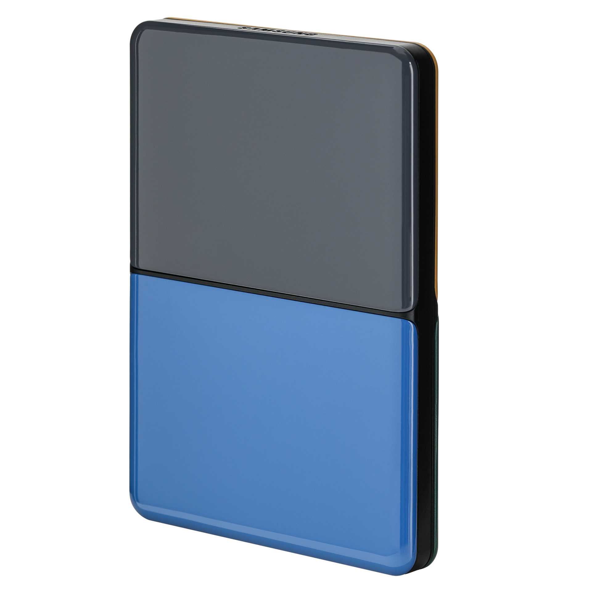 외장 HDD MOSAIC 2 TB 상단 다크 그레이 하단 블루 패널 배치한 왼쪽 30도 회전한 정면 이미지