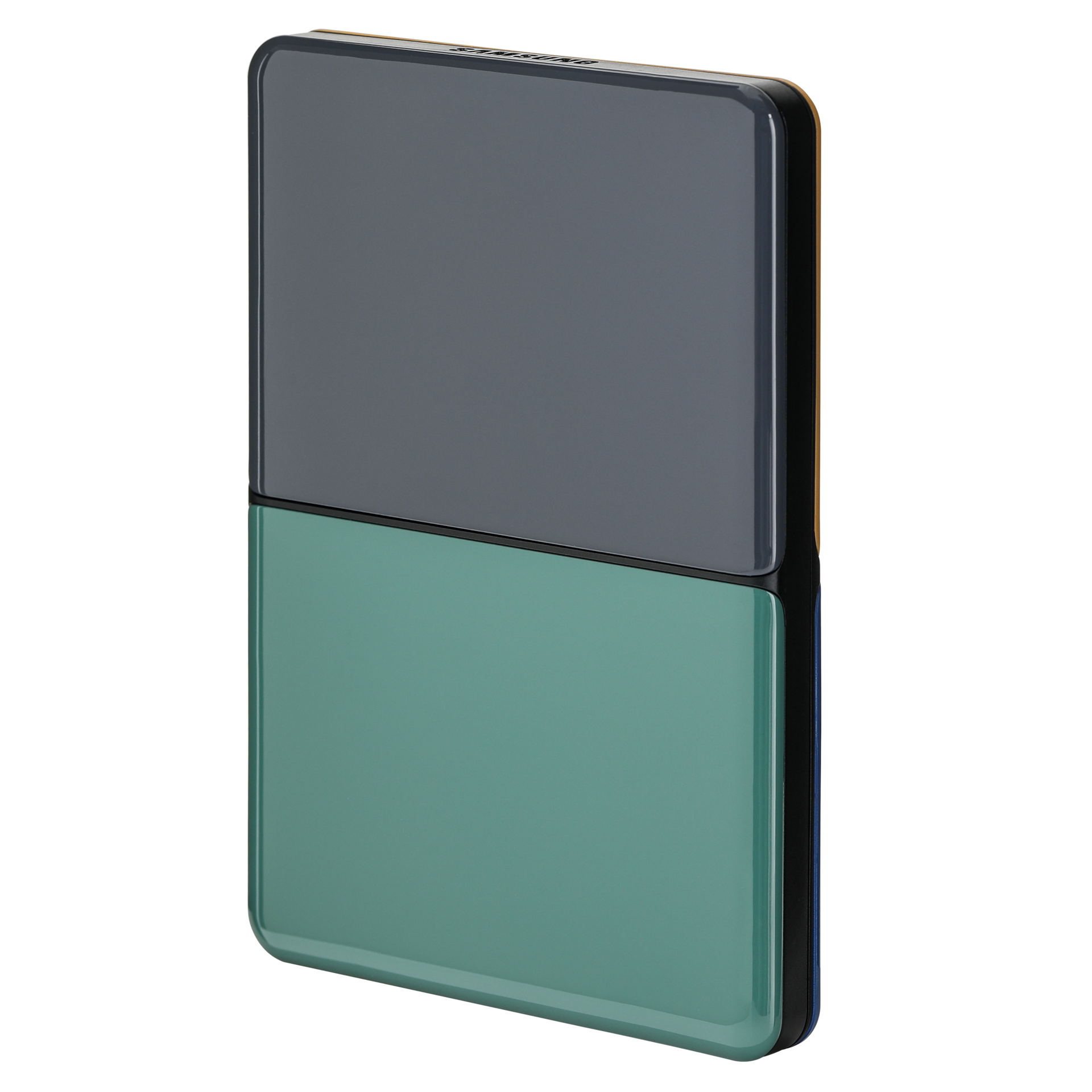 외장 HDD MOSAIC 1 TB 상단 다크 그레이 하단 그리너리 패널 배치한 왼쪽 30도 회전한 정면 이미지