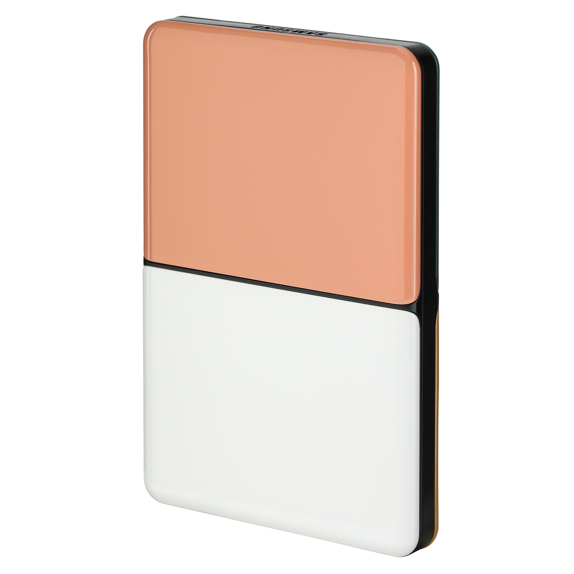 외장 HDD MOSAIC 2 TB 상단 피치 하단 화이트 패널 배치한 왼쪽 30도 회전한 정면 이미지