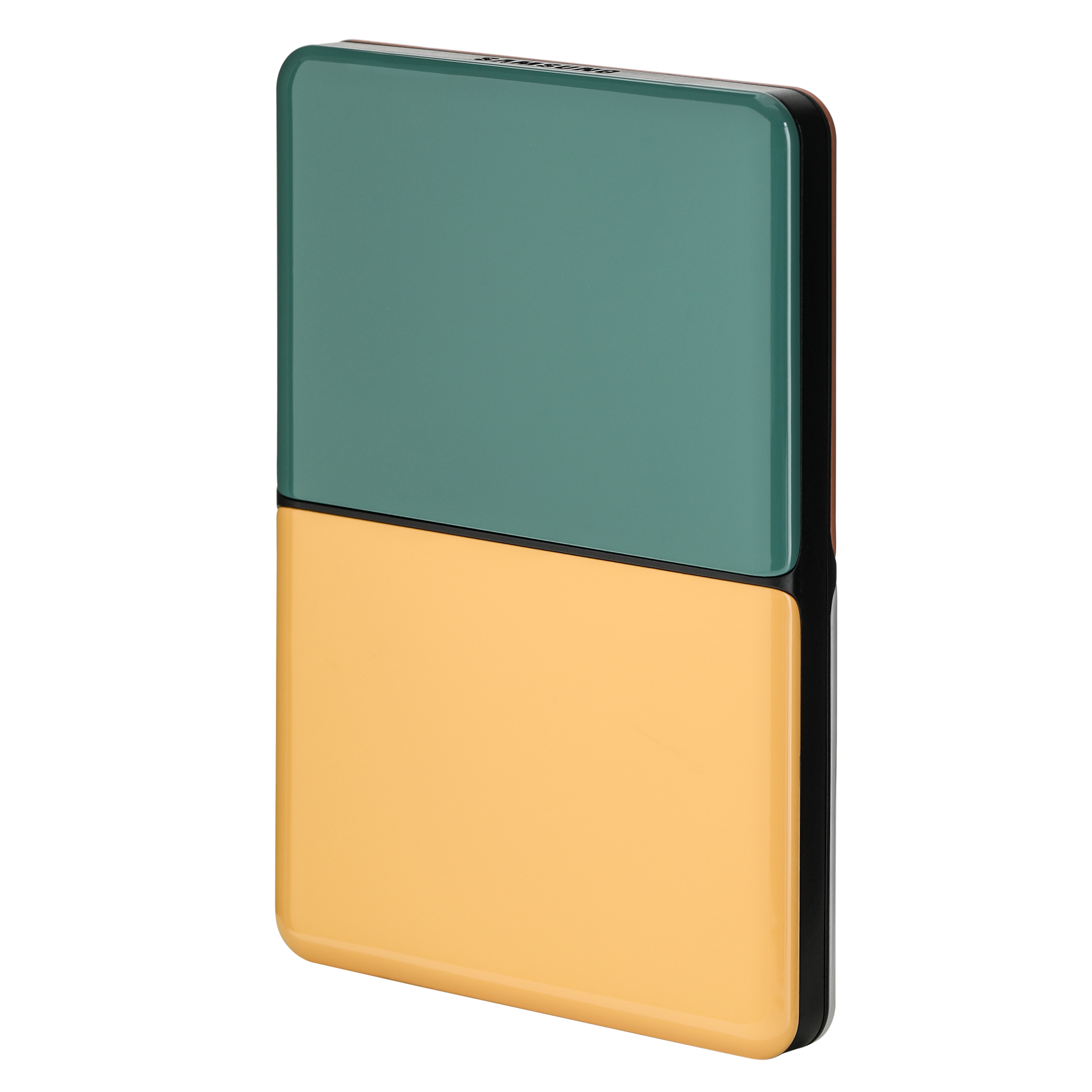 외장 HDD MOSAIC 1 TB 상단 그리너리 하단 썬옐로우 패널 배치한 왼쪽 30도 회전한 정면 이미지