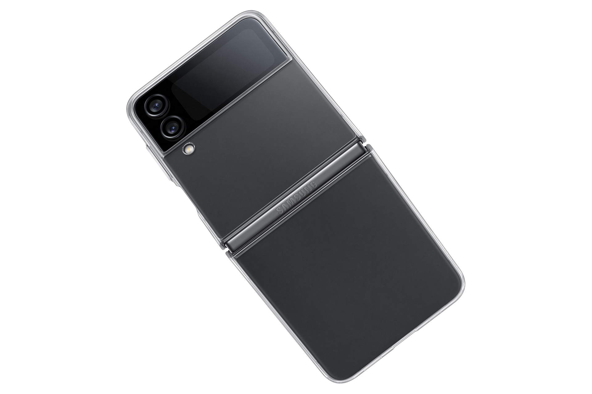 갤럭시 Z 플립4 클리어 슬림 커버 (투명) 제품에 갤럭시 Z 플립을 장착하여 반접힌 정면 이미지