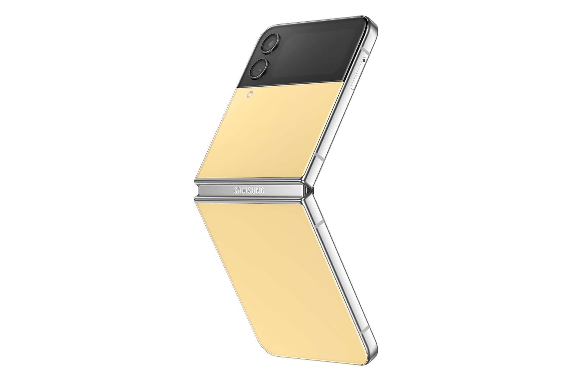 갤럭시 Z 플립4 비스포크 에디션 실버(프레임)/옐로우/옐로우 컬러 제품 열린 뒷면 