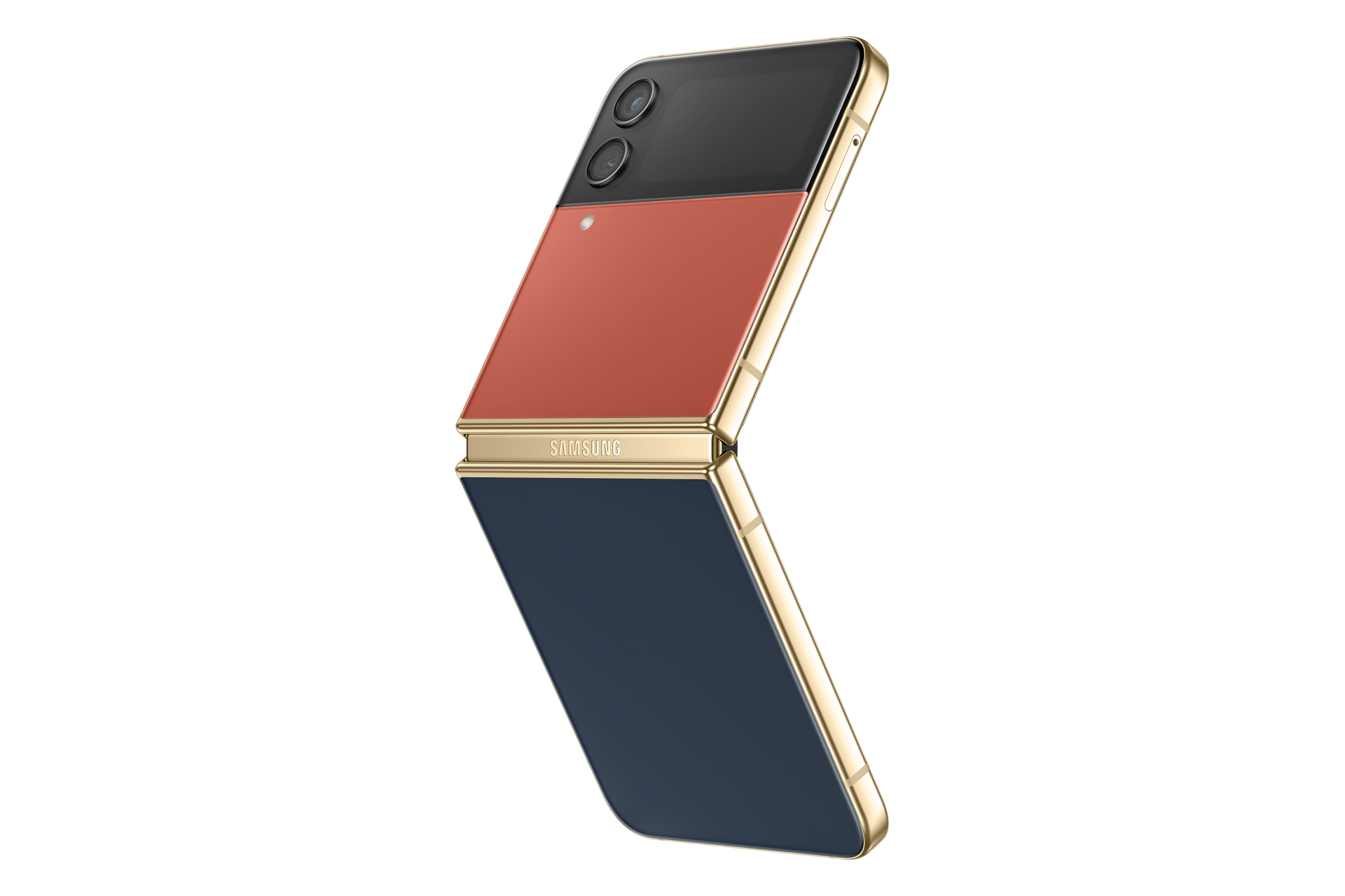 갤럭시 Z 플립4 비스포크 에디션 골드(프레임)/레드/네이비 컬러 제품 열린 뒷면 