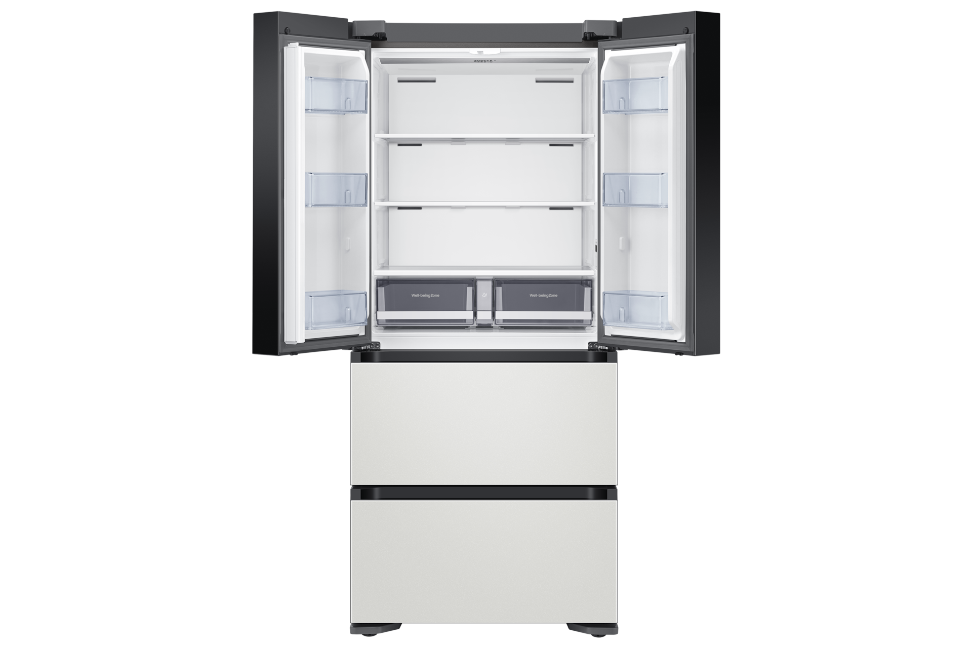 Bespoke 김치플러스 4도어 490L 코타 화이트 정면, 상칸 도어 열림