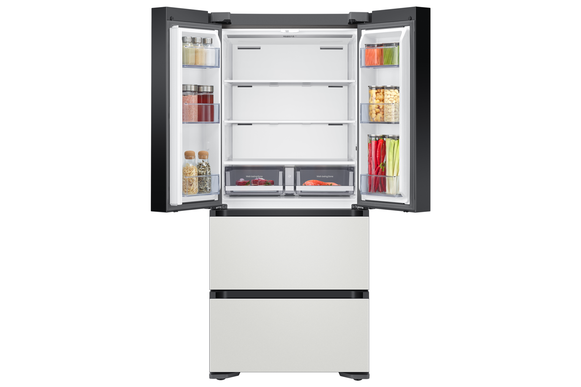 Bespoke 김치플러스 4도어 490L 코타 화이트 정면, 상칸 도어 열림(식재료 포함)