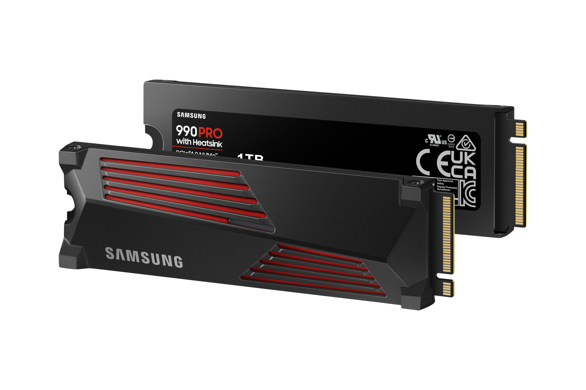 SSD 990 PRO NVMe with Heatsink 1 TB 제품 오른쪽 30도 회전 정면, 후면 겹쳐져 있음