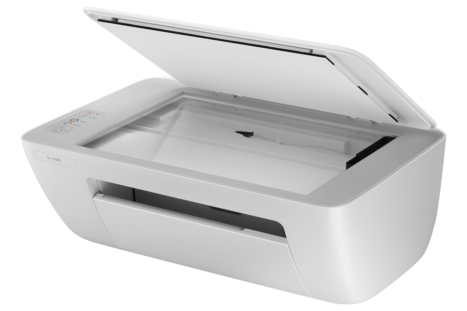 잉크젯복합기 20/16 ppm (화이트) 제품 왼쪽 30도 회전한 상태에서 복사 뚜껑이 열려있는지 이미지