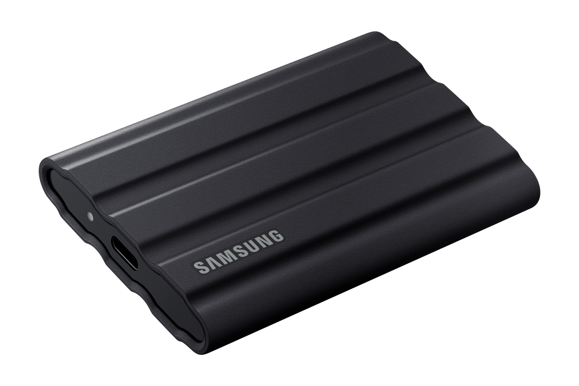 외장 SSD T7 Shield USB 3.2 Gen 2 4 TB 블랙 제품 눕혀져 있는 모습 뒷쪽 45도
