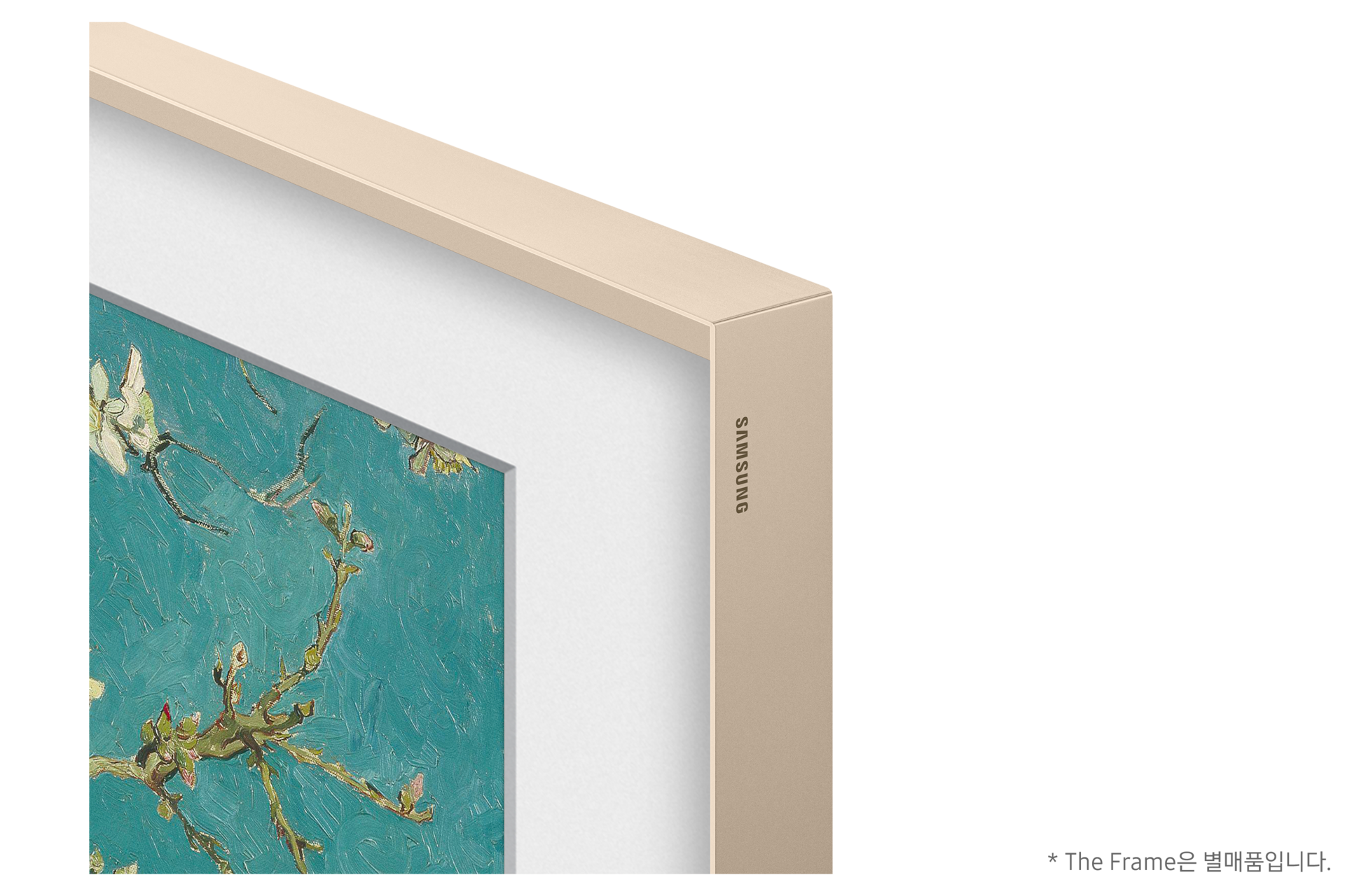 ('23년) 챔퍼 샌드골드 베젤 163 cm 용 이 설치된 프레임 TV 오른쪽 상단 챔퍼 확대 모습 