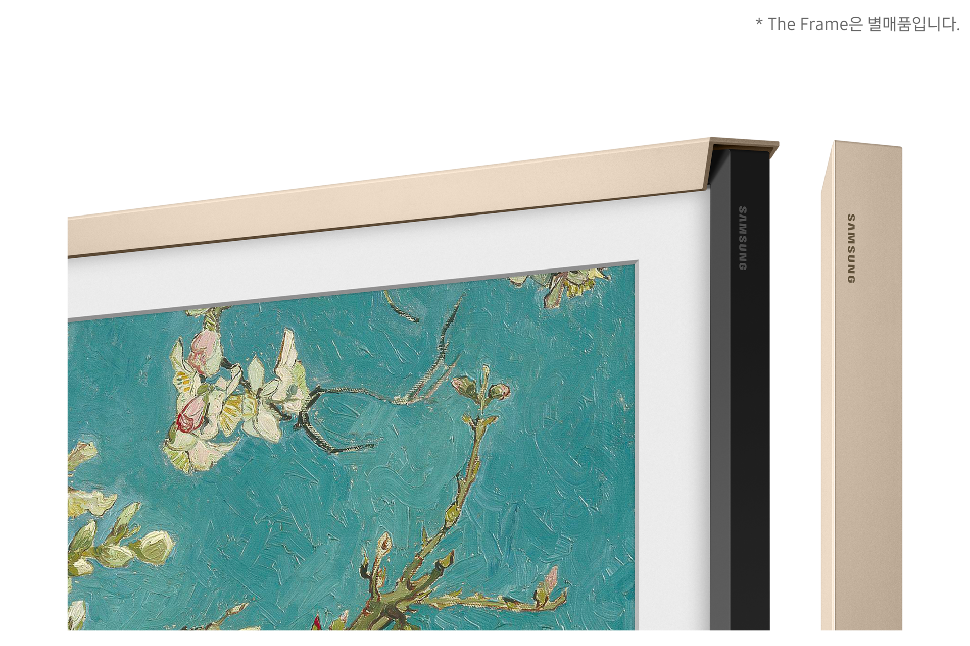 ('23년) 챔퍼 샌드골드 베젤 163 cm 용 이 설치된 프레임 TV 오른쪽 옆모습 