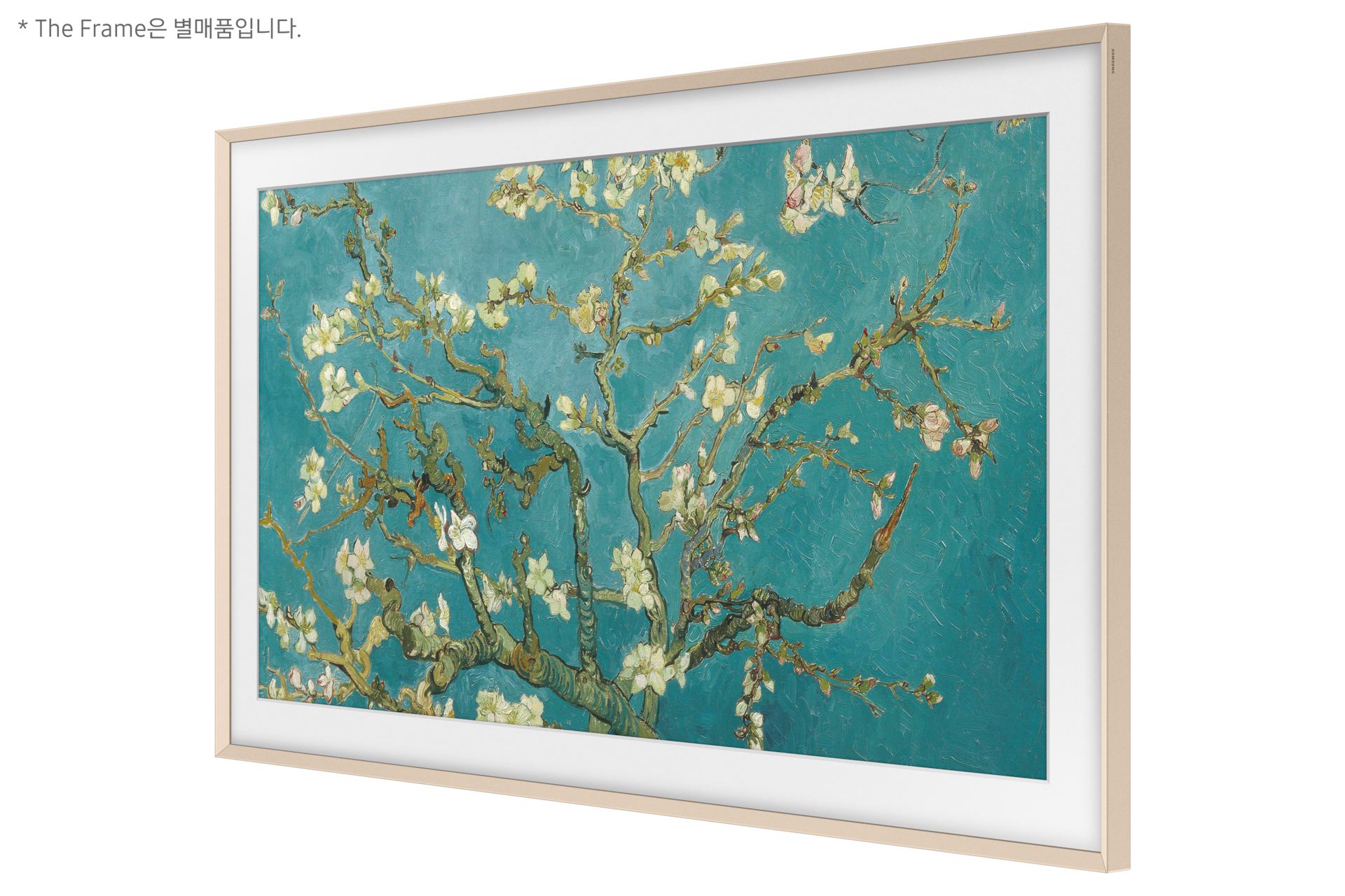 ('23년) 챔퍼 샌드골드 베젤 163 cm 용 이 설치된 프레임 TV 오른쪽 측면 30도 모습 