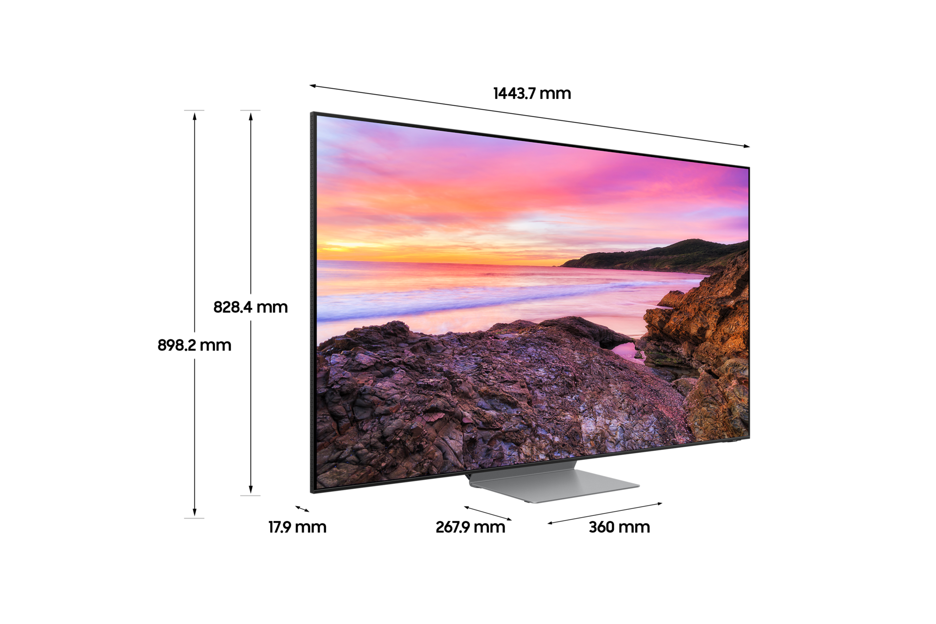 2023 Neo QLED 8K 163 cm 스탠드형 상세사이즈 기재된 디멘션컷