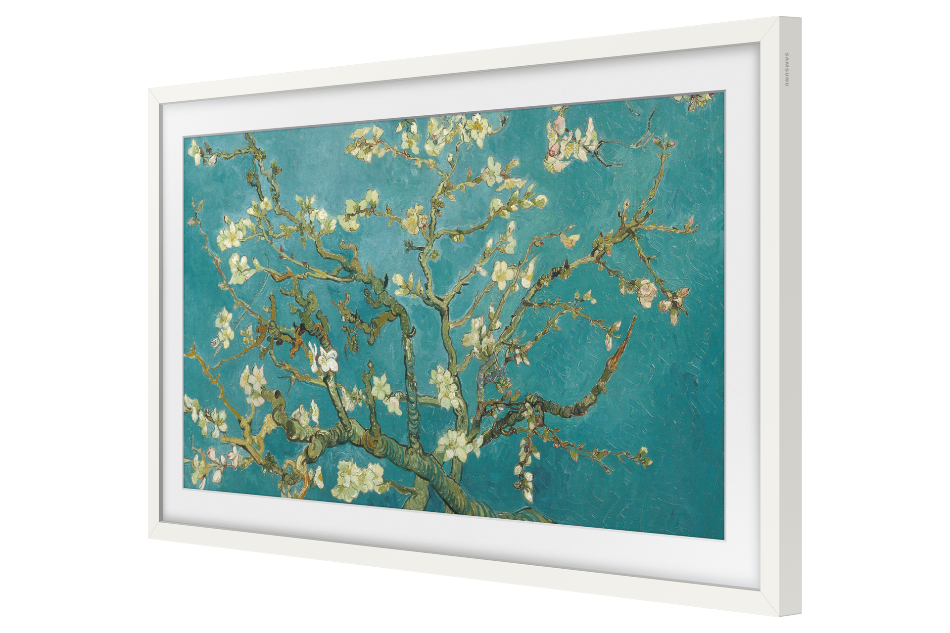 The Frame 80 cm 플랫 화이트 프레임 장착 측면 45도