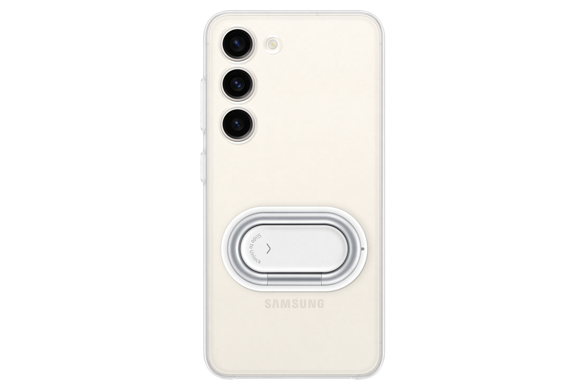 갤럭시 S23 클리어 가젯 케이스 (투명) 제품에 스마트폰 장착된 가젯이 가로로 뉘어져 있는 정면 이미지