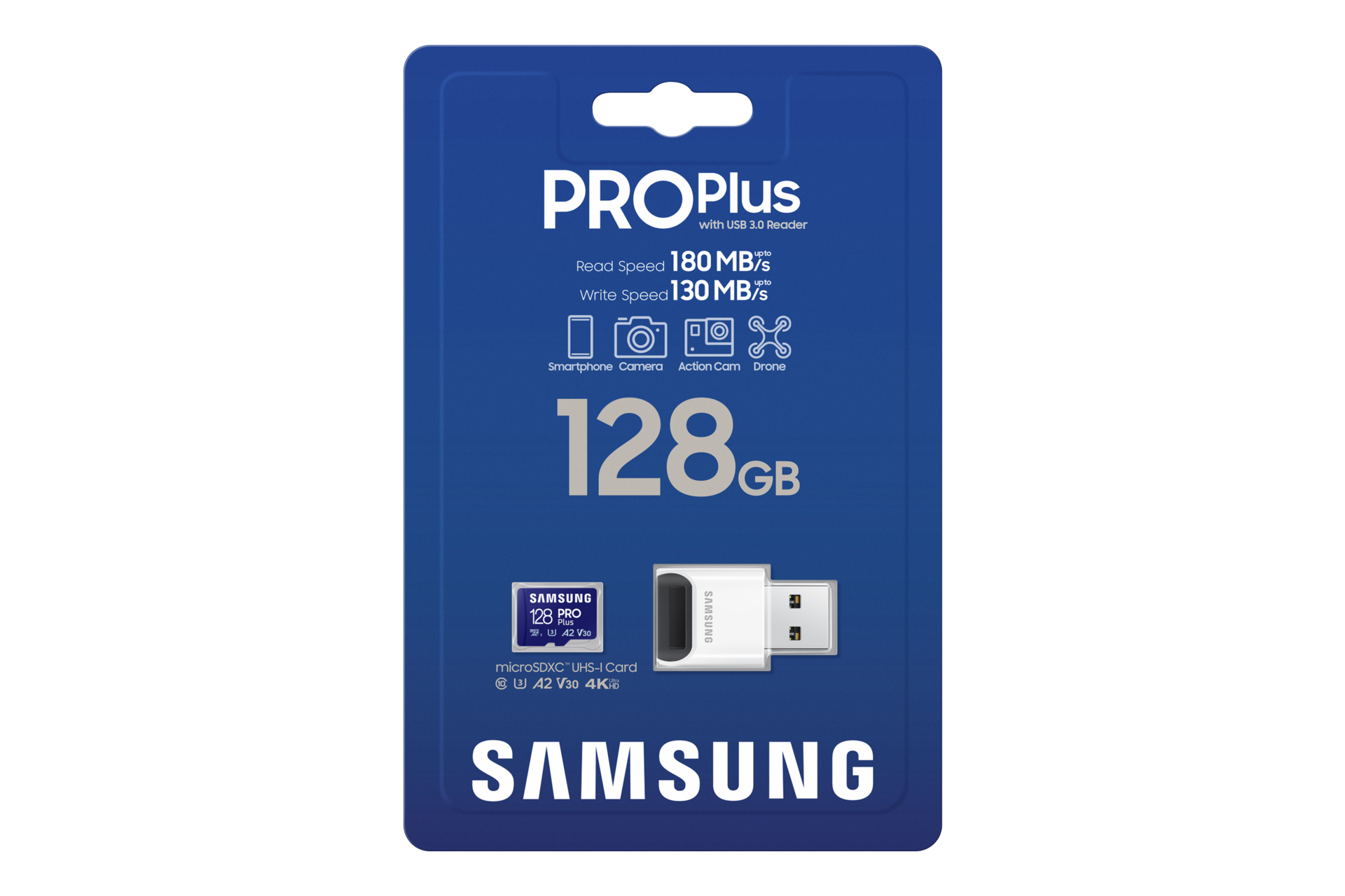 PRO Plus with Card Reader 마이크로SD 메모리카드 128 GB 제품 상자 정면 이미지