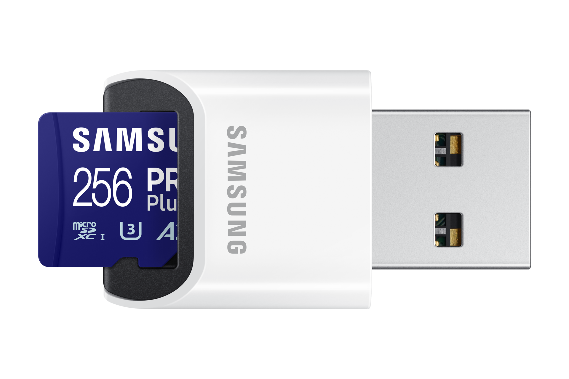 PRO Plus with Card Reader 마이크로SD 메모리카드 256GB 제품이 USB에 결합된 이미지