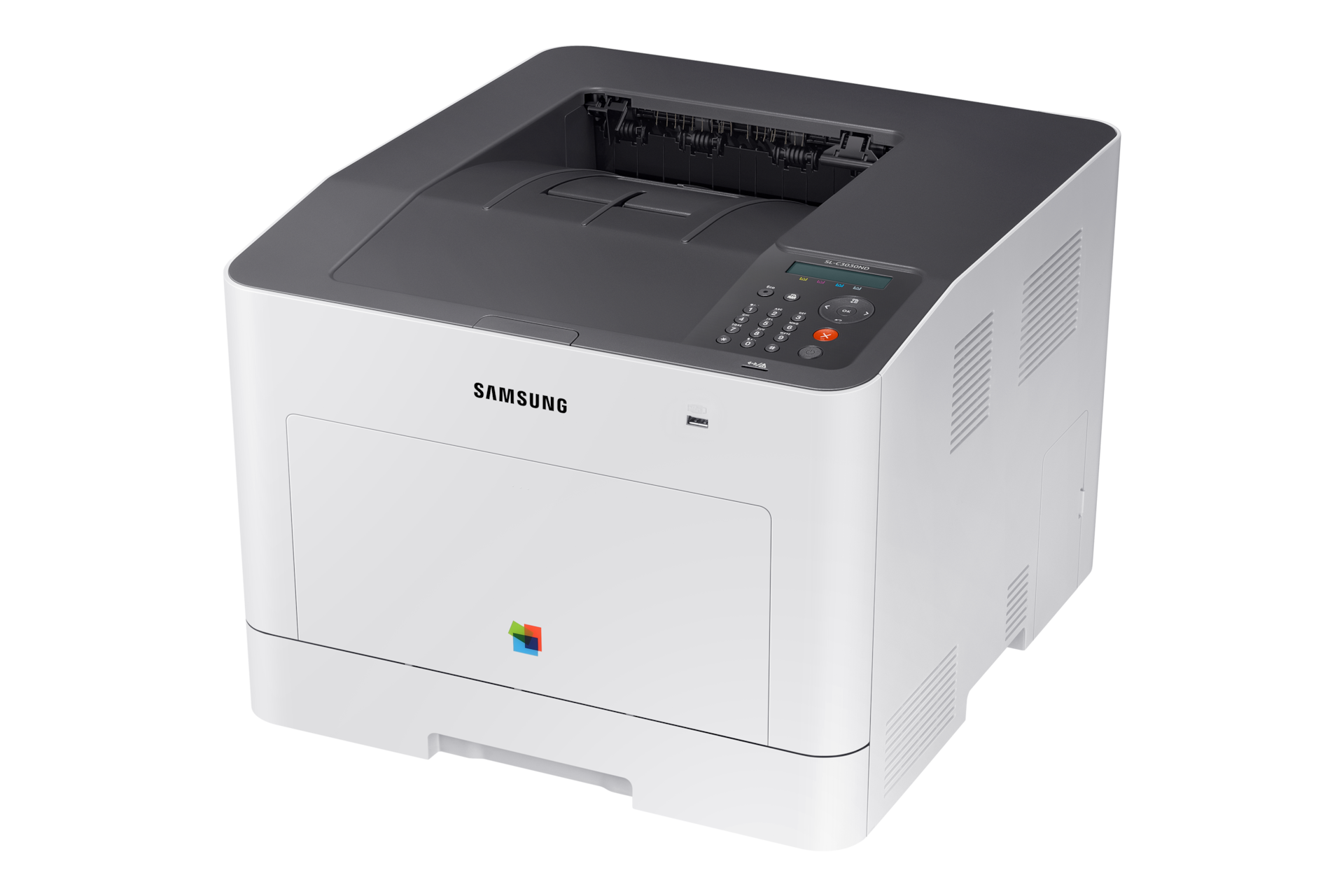A4 컬러 레이저 프린터 C30 시리즈 30 ppm SL-C3030ND (화이트) 오른쪽 45도 위에서 내려본 이미지