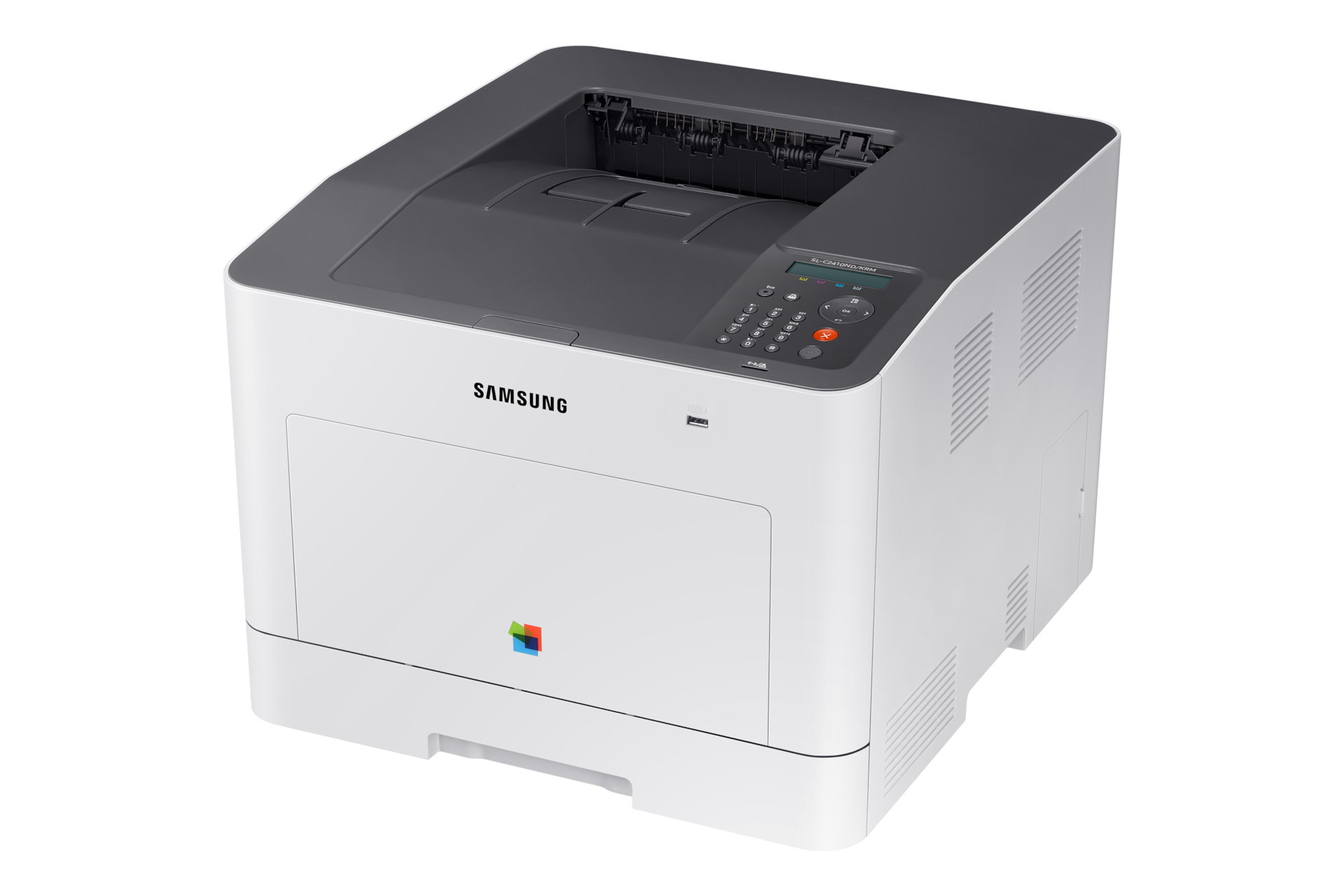 A4 컬러 레이저 프린터 C24 시리즈 24 ppm SL-C2410ND/KRM 오른쪽 45도 위에서 내려본 이미지