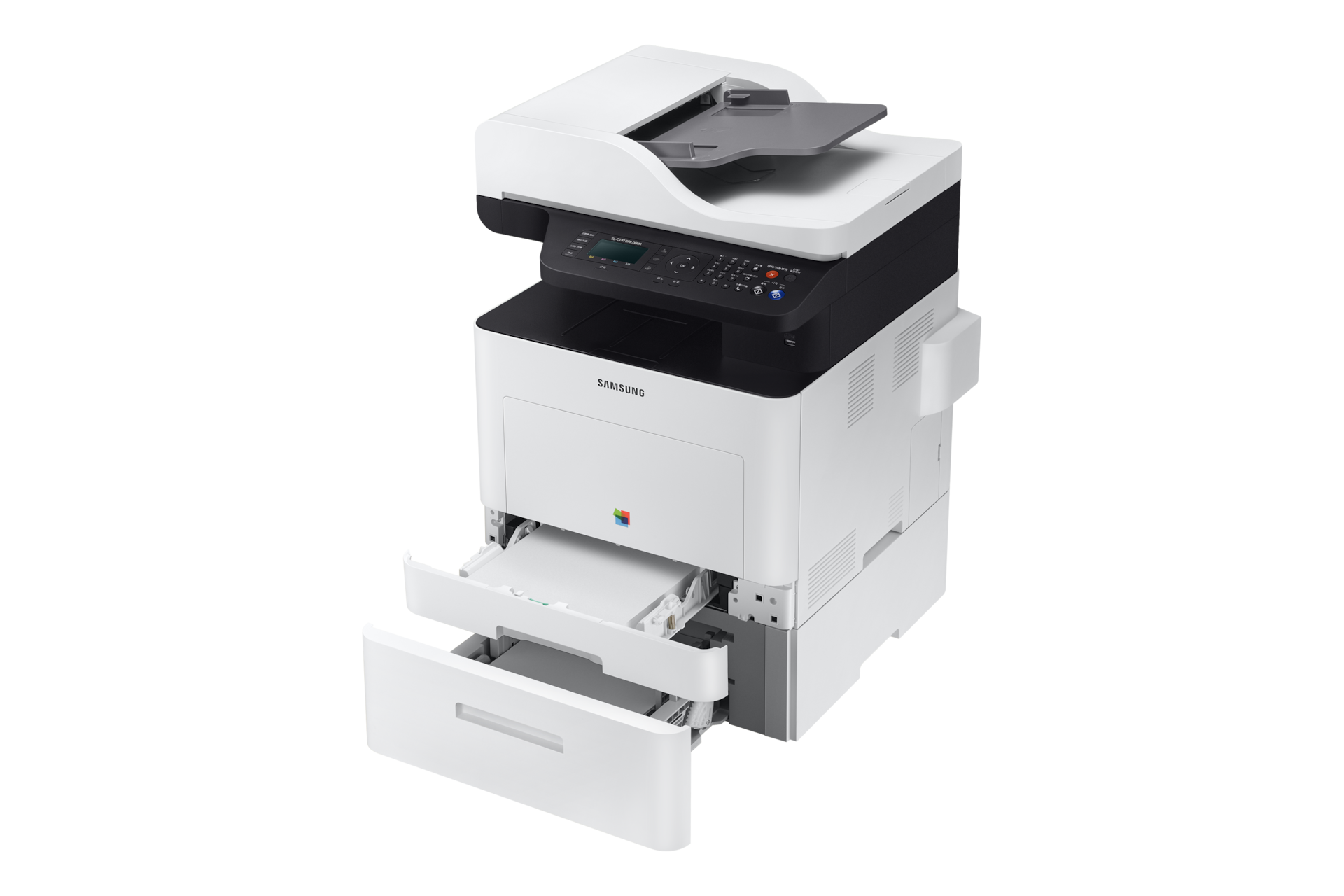 A4 컬러 레이저 복합기 C24 시리즈 24 ppm SL-C2470FR/KRM (화이트) 하단에 단을 추가하여 왼쪽으로 열어놓은 이미지