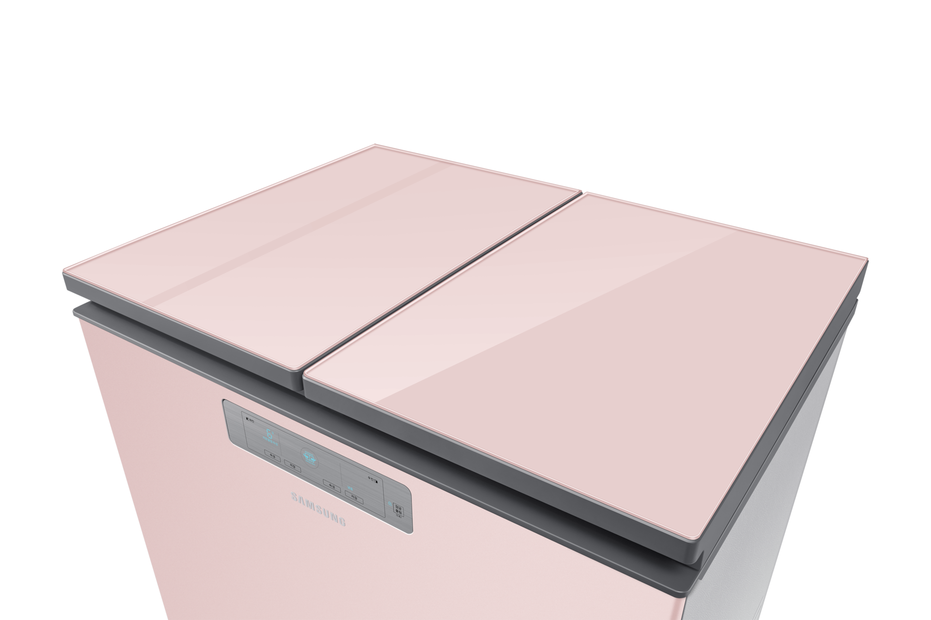 Bespoke 김치플러스 뚜껑형 221L (5면 메탈쿨링) 핑크 우측 윗면 시점