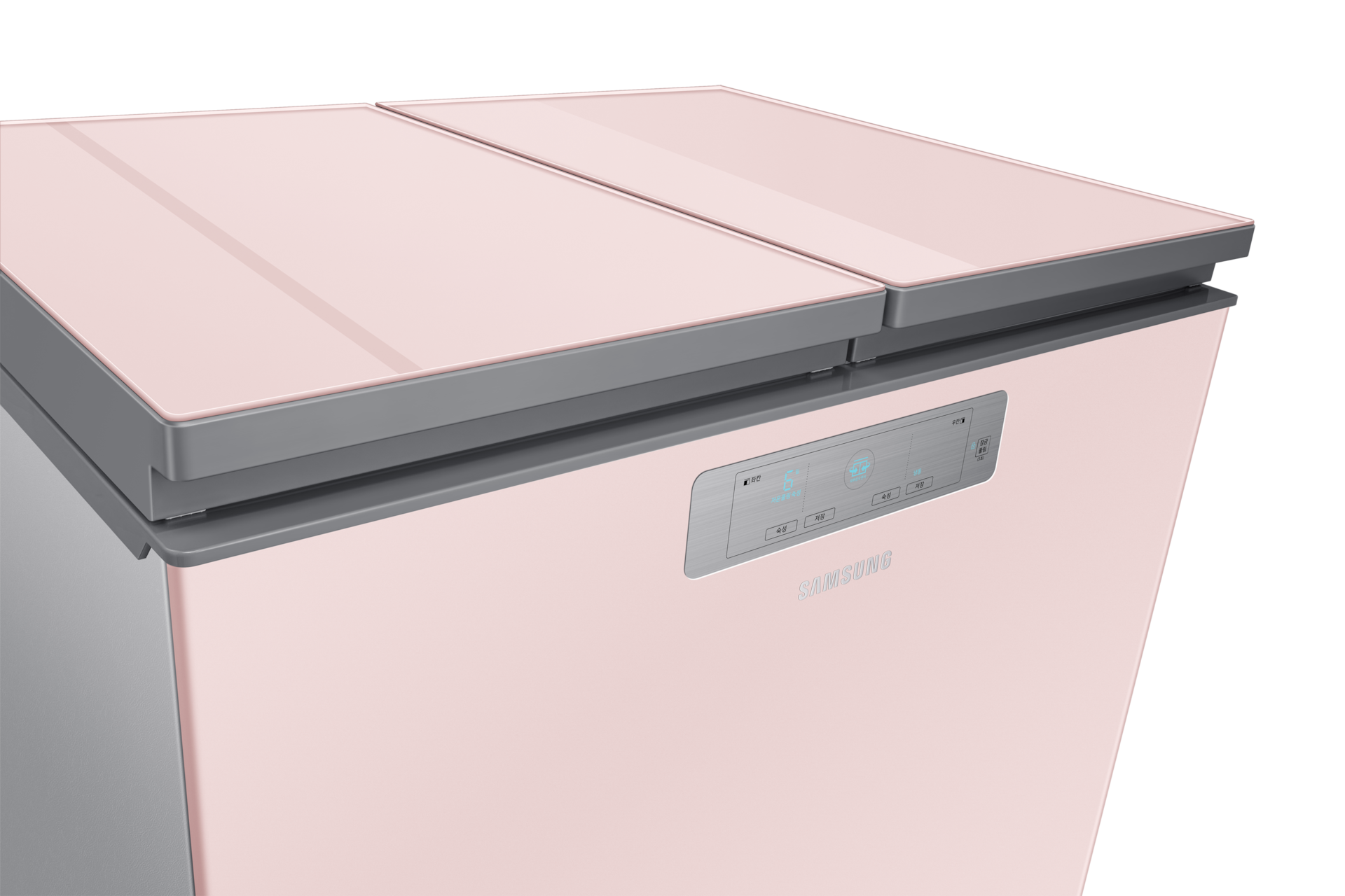 Bespoke 김치플러스 뚜껑형 221L (5면 메탈쿨링) 핑크 좌측 윗면 시점