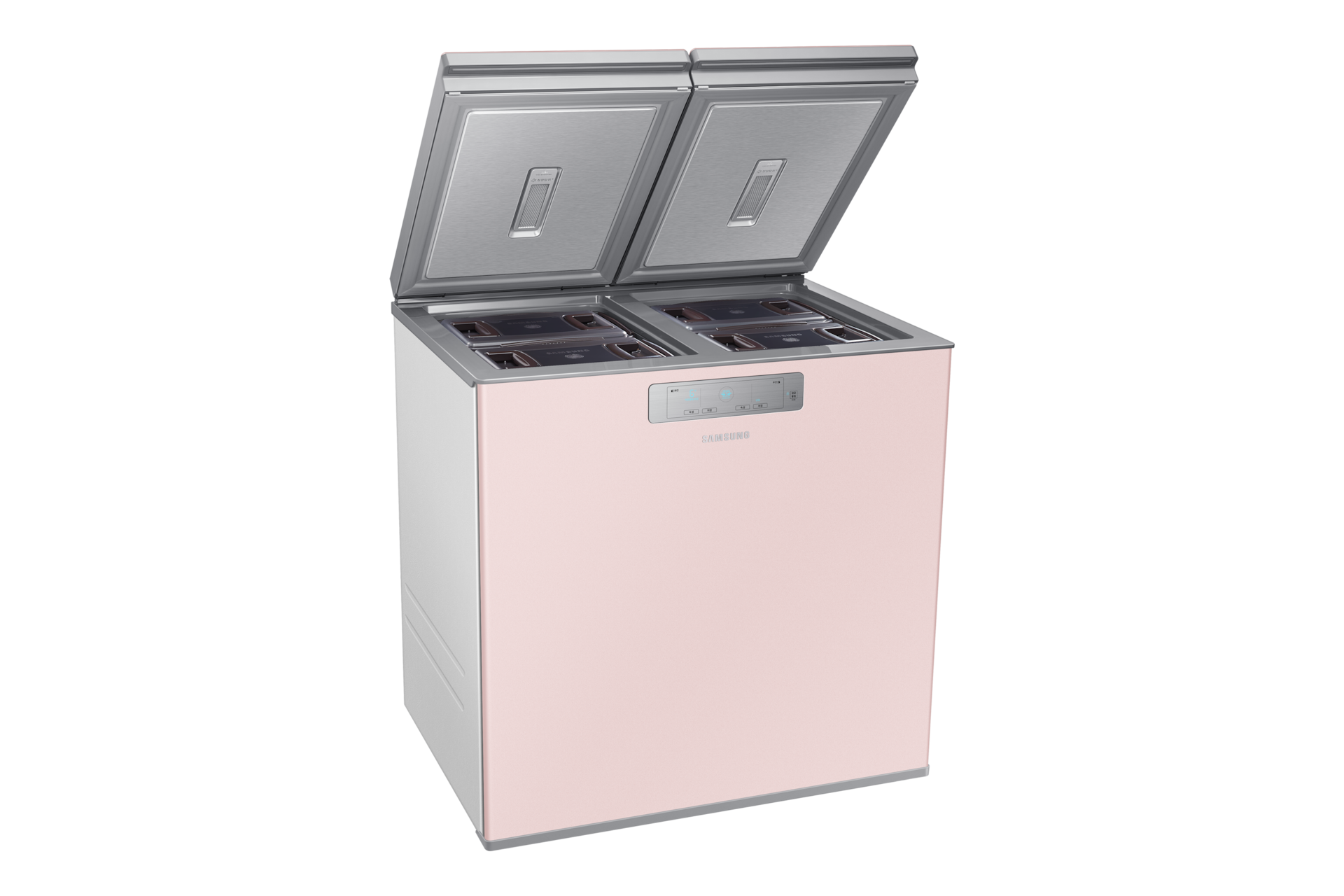 Bespoke 김치플러스 뚜껑형 221L (5면 메탈쿨링) 핑크 좌측면, 양쪽 뚜껑 열림