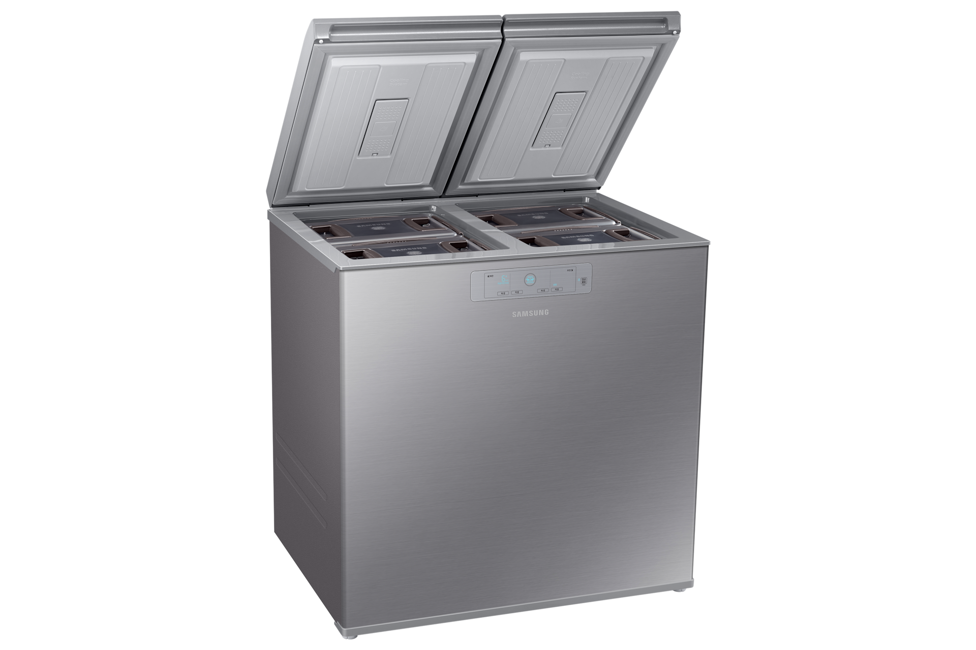 김치플러스 뚜껑형 221L 리파인드 이녹스 좌측면, 양쪽 뚜껑 열림