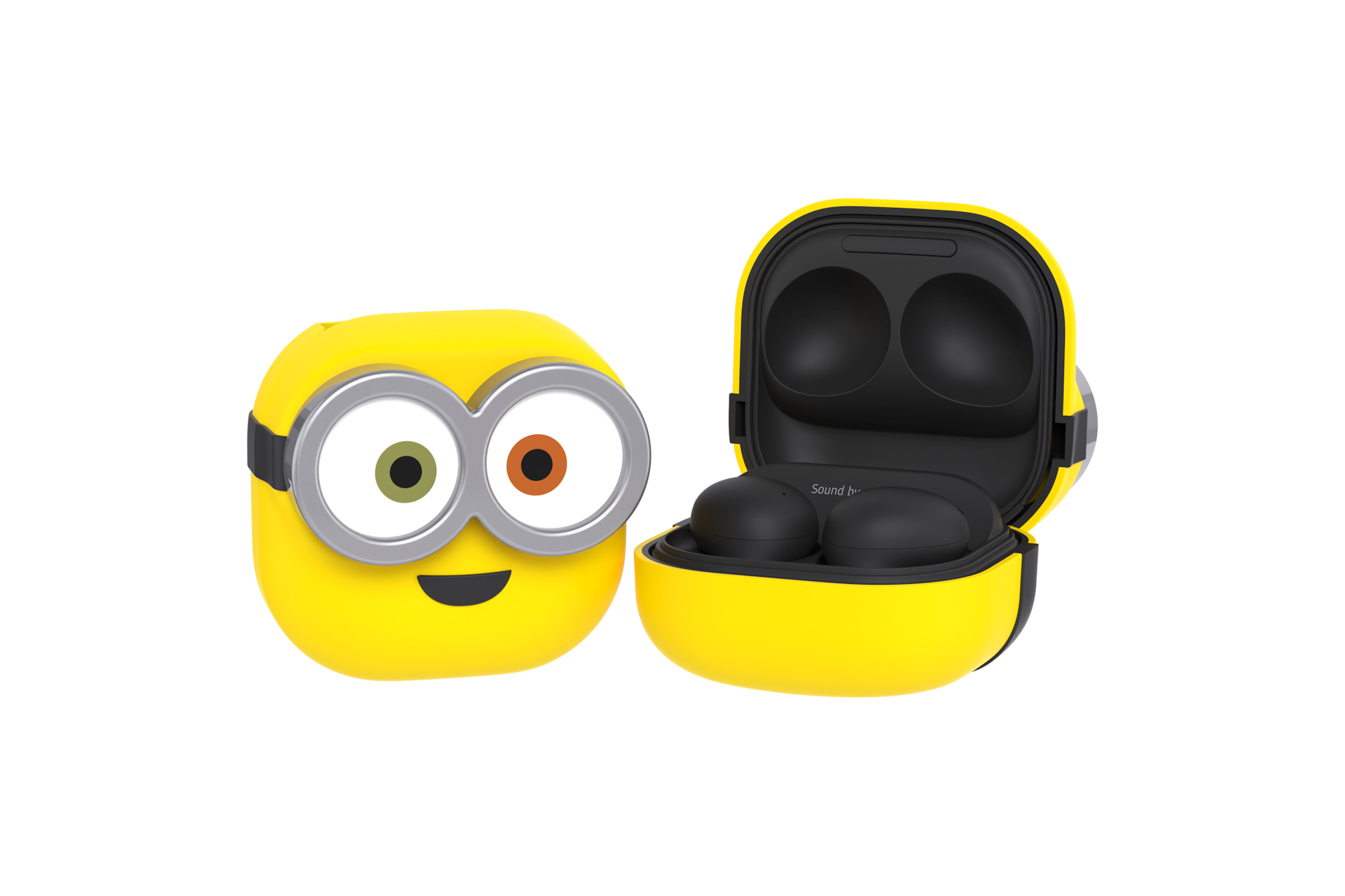 갤럭시 버즈 미니언즈 케이스 (밥) (옐로우) 정면 이미지와 제품을 장착한 후 열어놓은 이미지