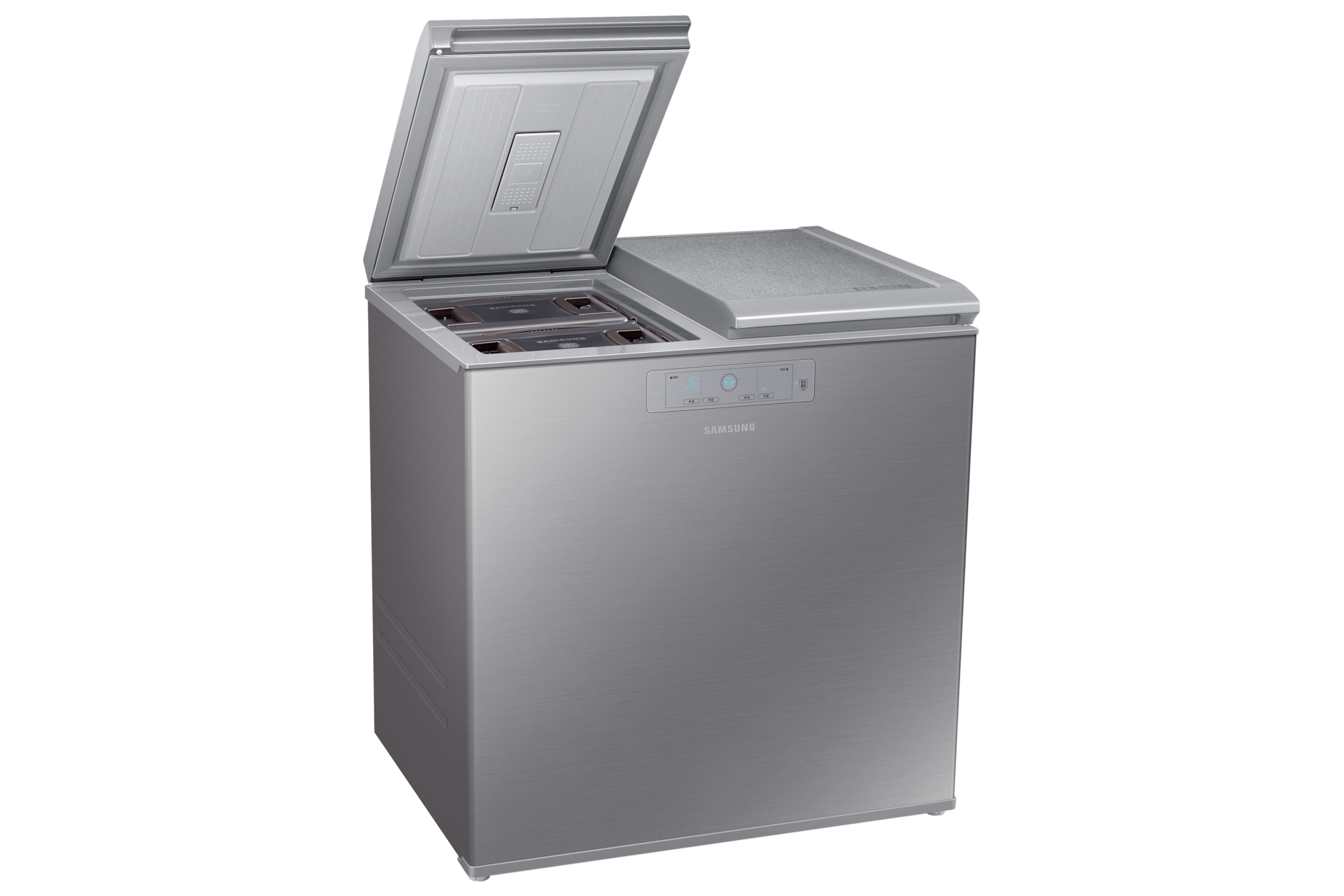 김치플러스 뚜껑형 221L 리파인드 이녹스 좌측면, 왼쪽 뚜껑 열림