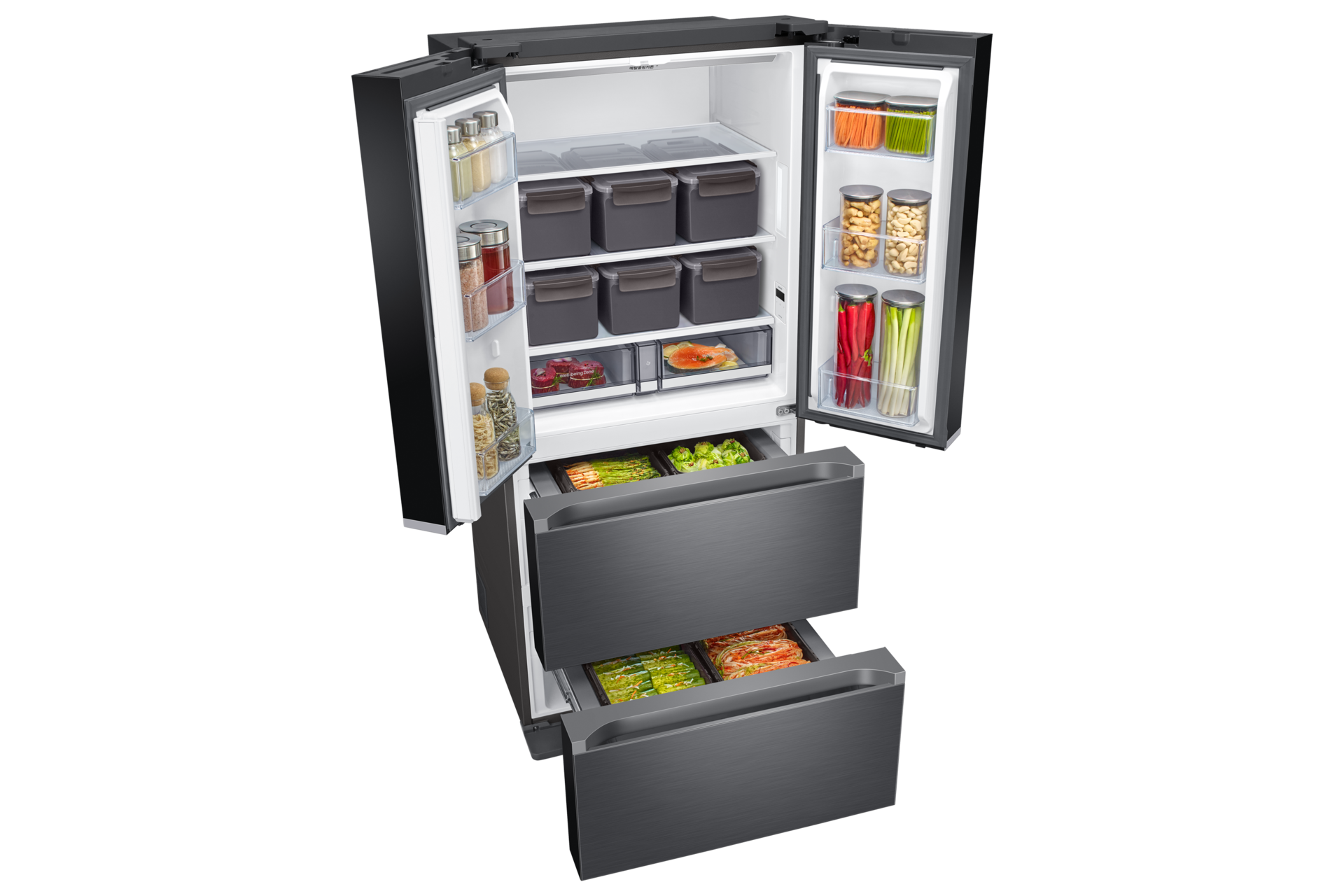 김치플러스 4도어 490L 리파인드 이녹스 좌측 윗면 시점, 상·중·하칸 열림(식재료, 김치통 포함)