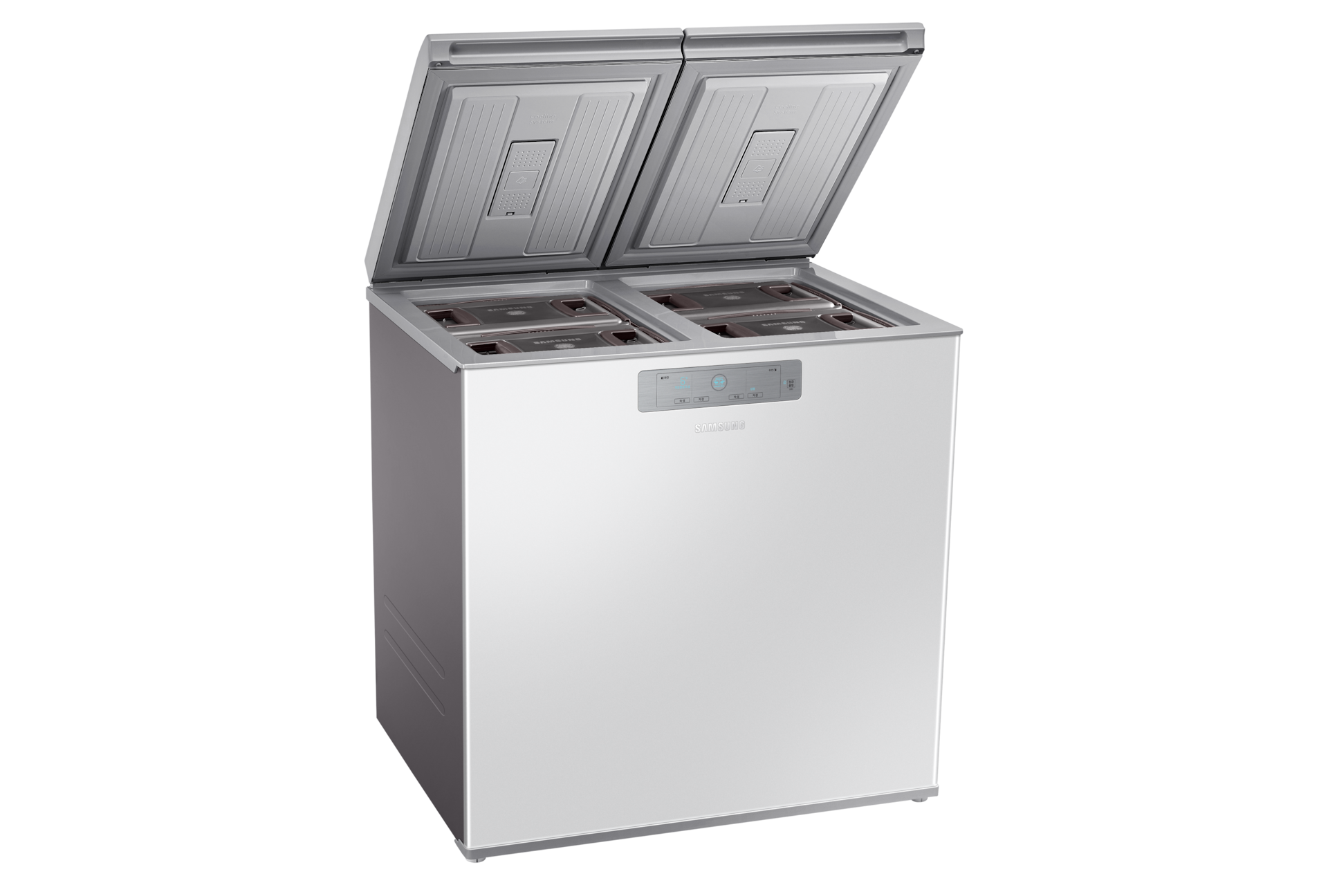 김치플러스 뚜껑형 221L 그레이지 좌측면, 양쪽 뚜껑 열림