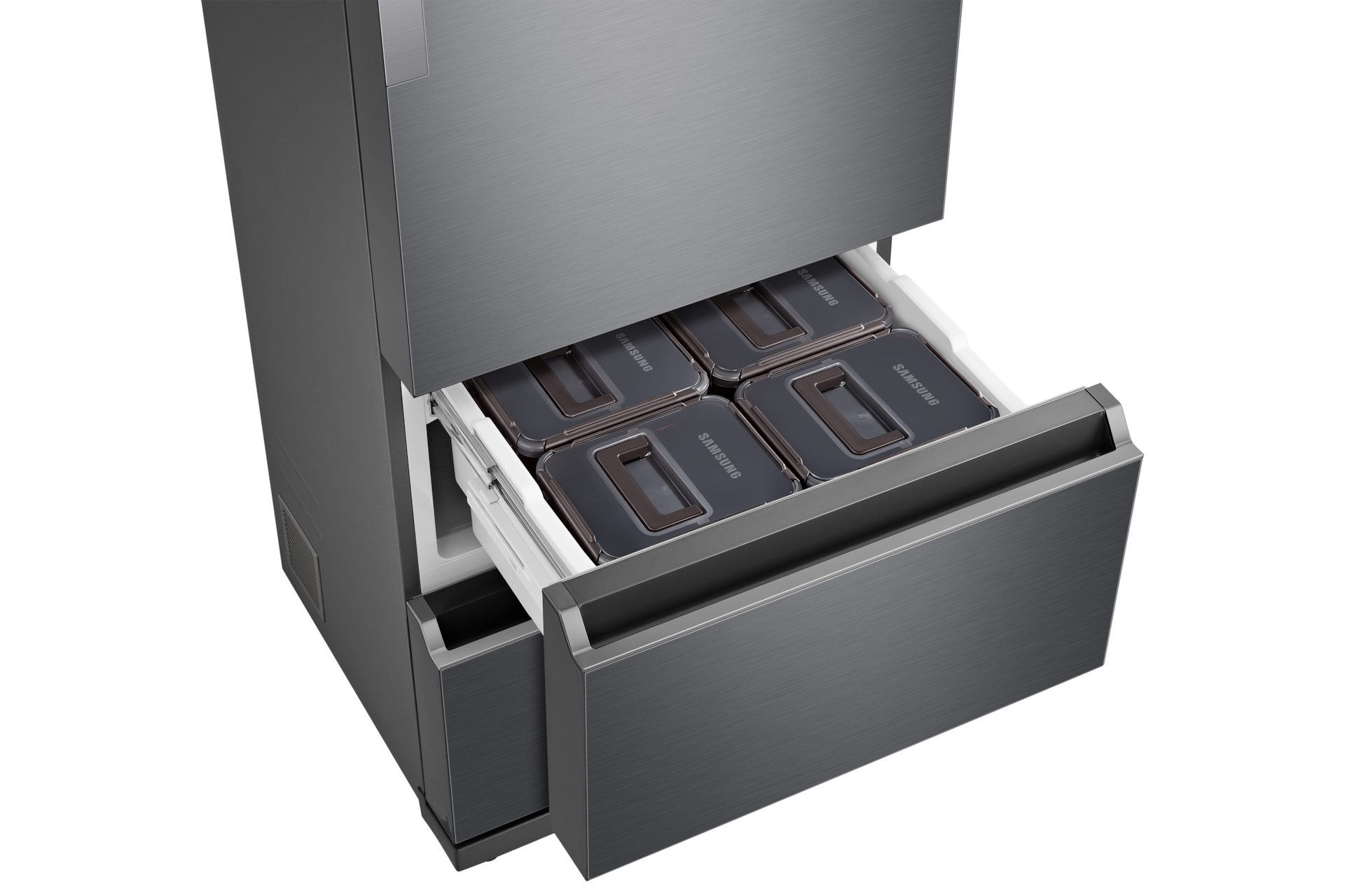 김치플러스 3도어 328 L 리파인드 이녹스 제품 중하칸 열려있는 컷