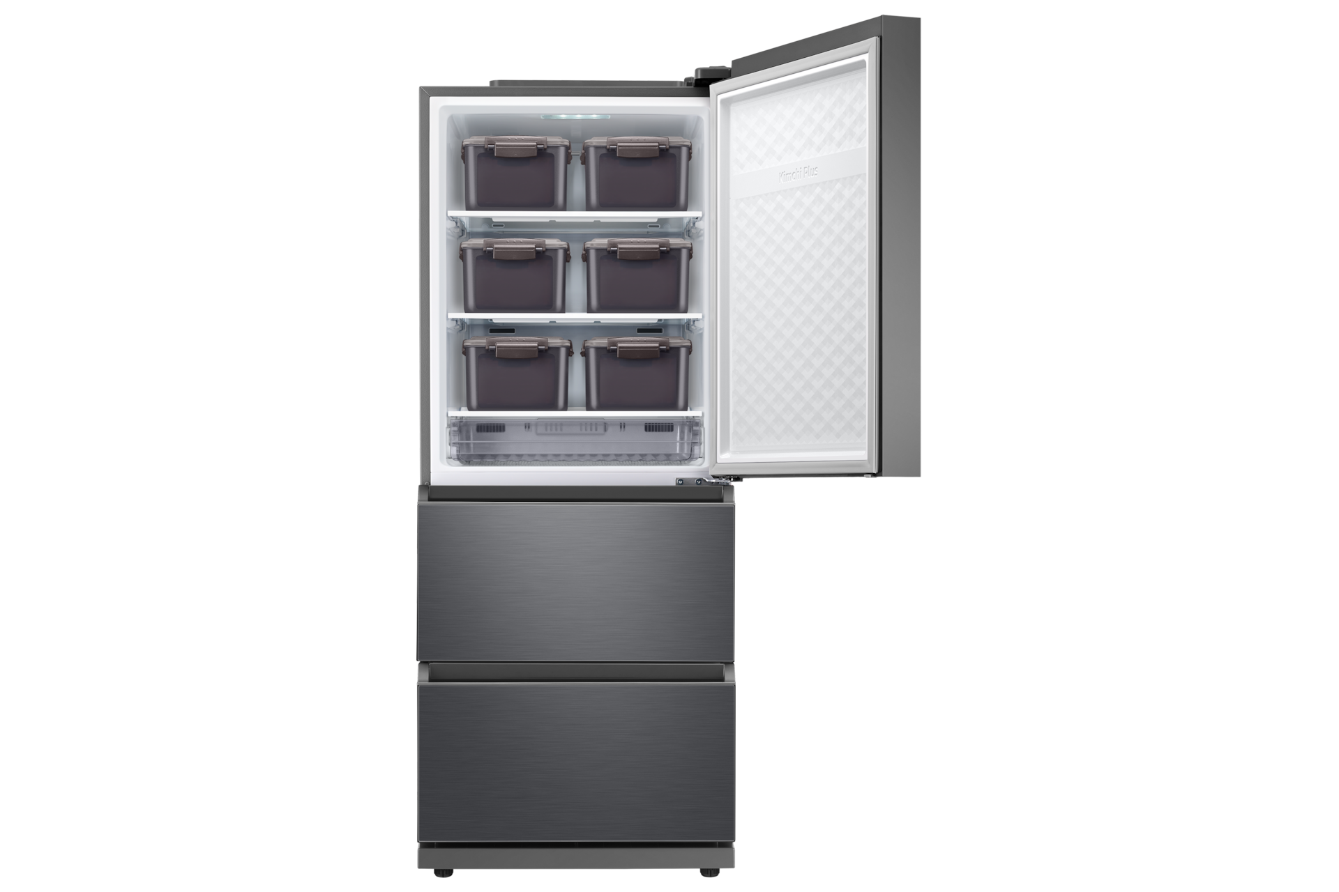 김치플러스 3도어 328 L 리파인드 이녹스 제품 정면컷 상칸이 열려있습니다.