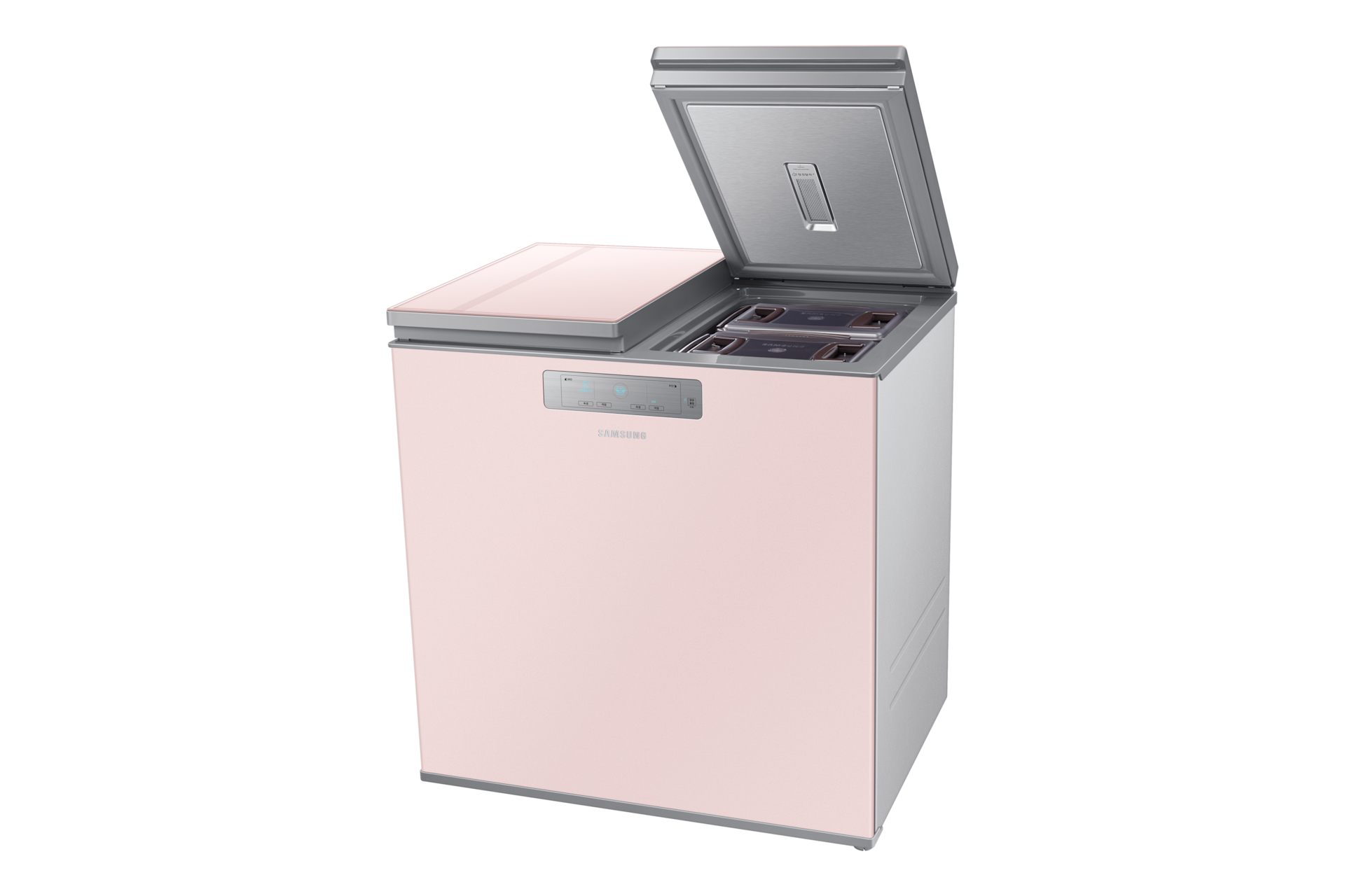 Bespoke 김치플러스 뚜껑형 221L (5면 메탈쿨링) 핑크 우측면, 오른쪽 뚜껑 열림