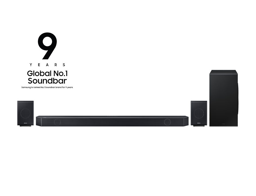 HW-Q990C/KR  사운드바 및 서브우퍼 정면 컷, 왼쪽 상단에는 '삼성 사운드바 9년 연속 세계 판매 1위 ' 로고 삽입