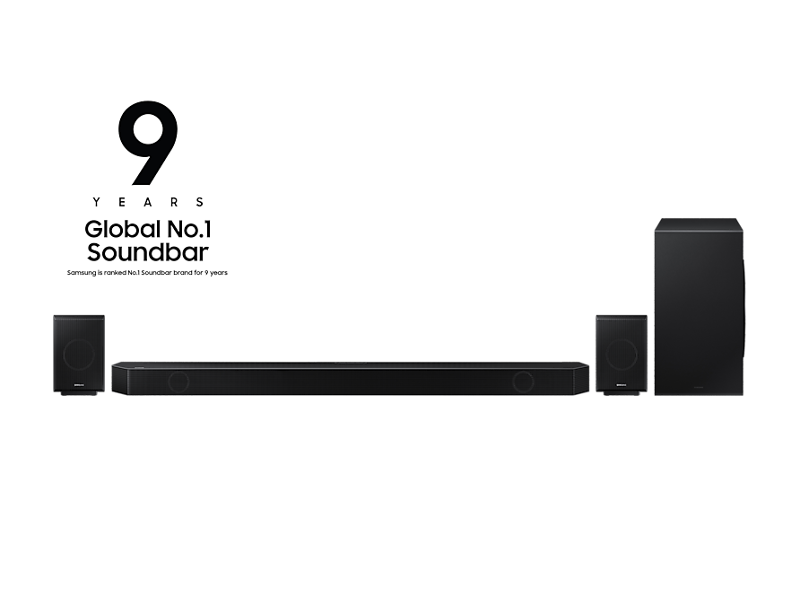 HW-Q990B/KR 사운드바 및 서브우퍼 정면 컷, 왼쪽 상단에는 '삼성 사운드바 9년 연속 세계 판매 1위 ' 로고 삽입
