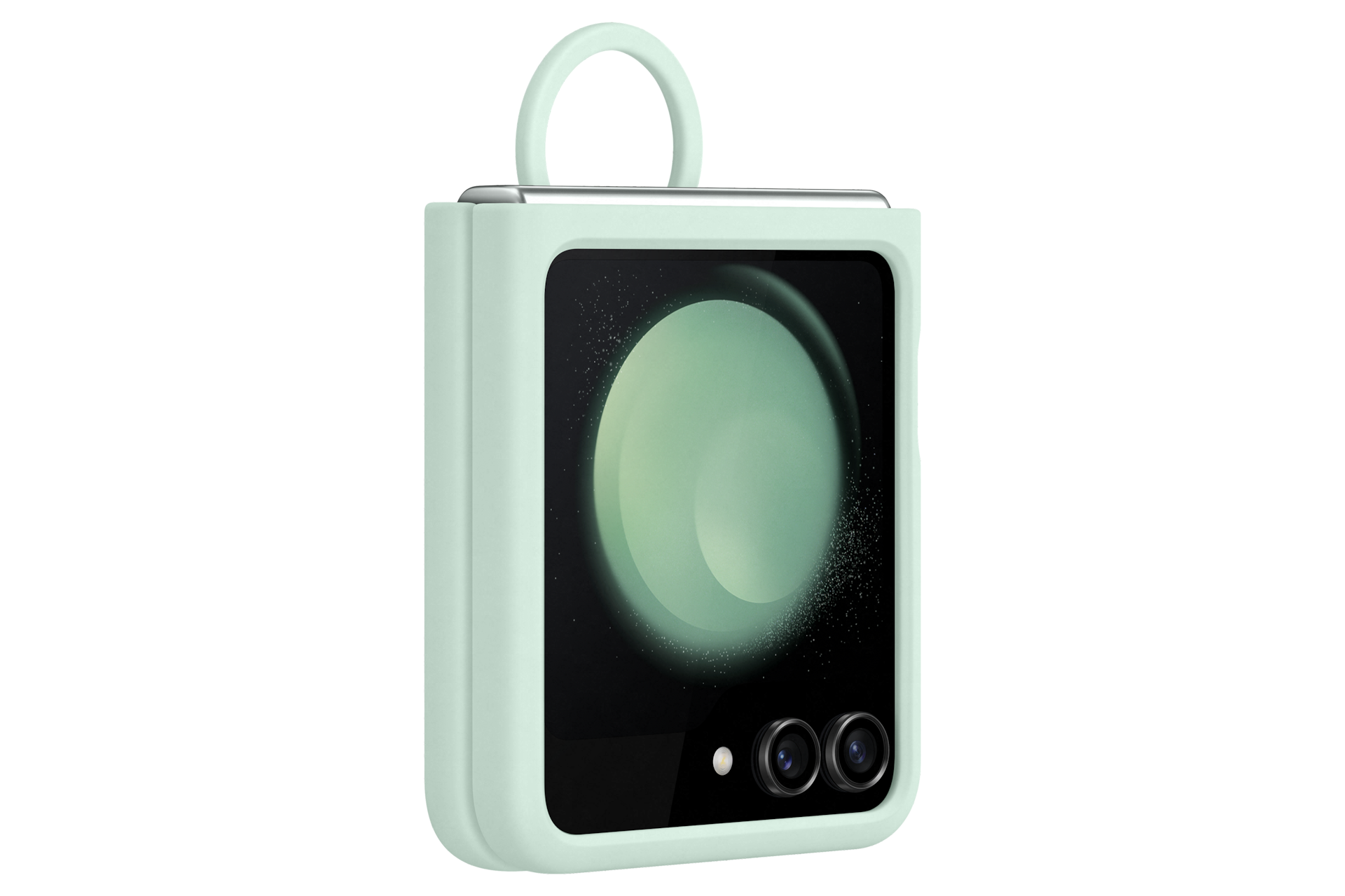 갤럭시 Z 플립5 실리콘 케이스 with 링 (민트) 제품에 갤럭시 Z 플립을 장착 후 닫은 45도 돌아간 이미지 
