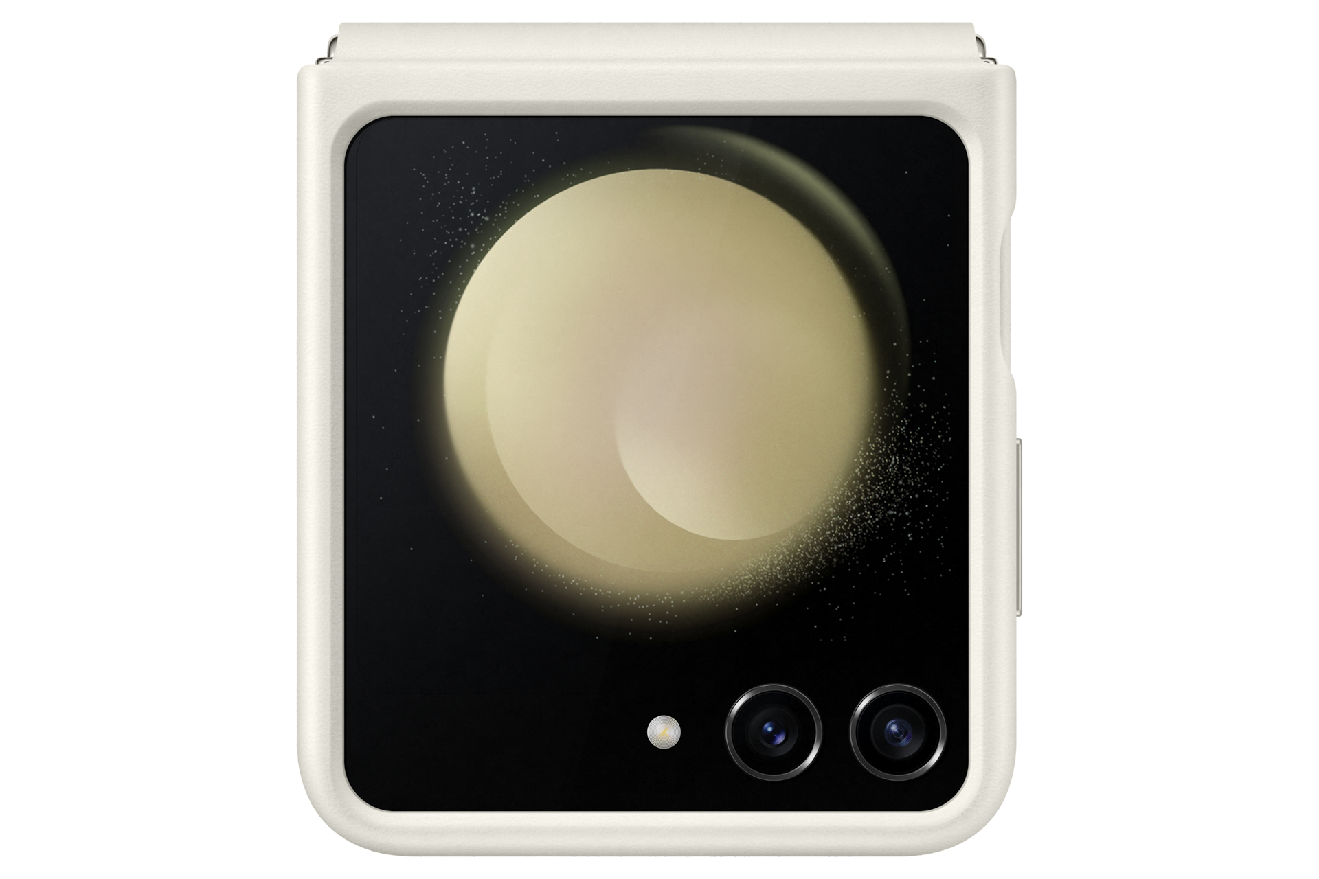 갤럭시 Z 플립5 플랩 비건 레더 케이스 (크림) 제품에 갤럭시 Z 플립을 장착 후 닫은 앞면 이미지 