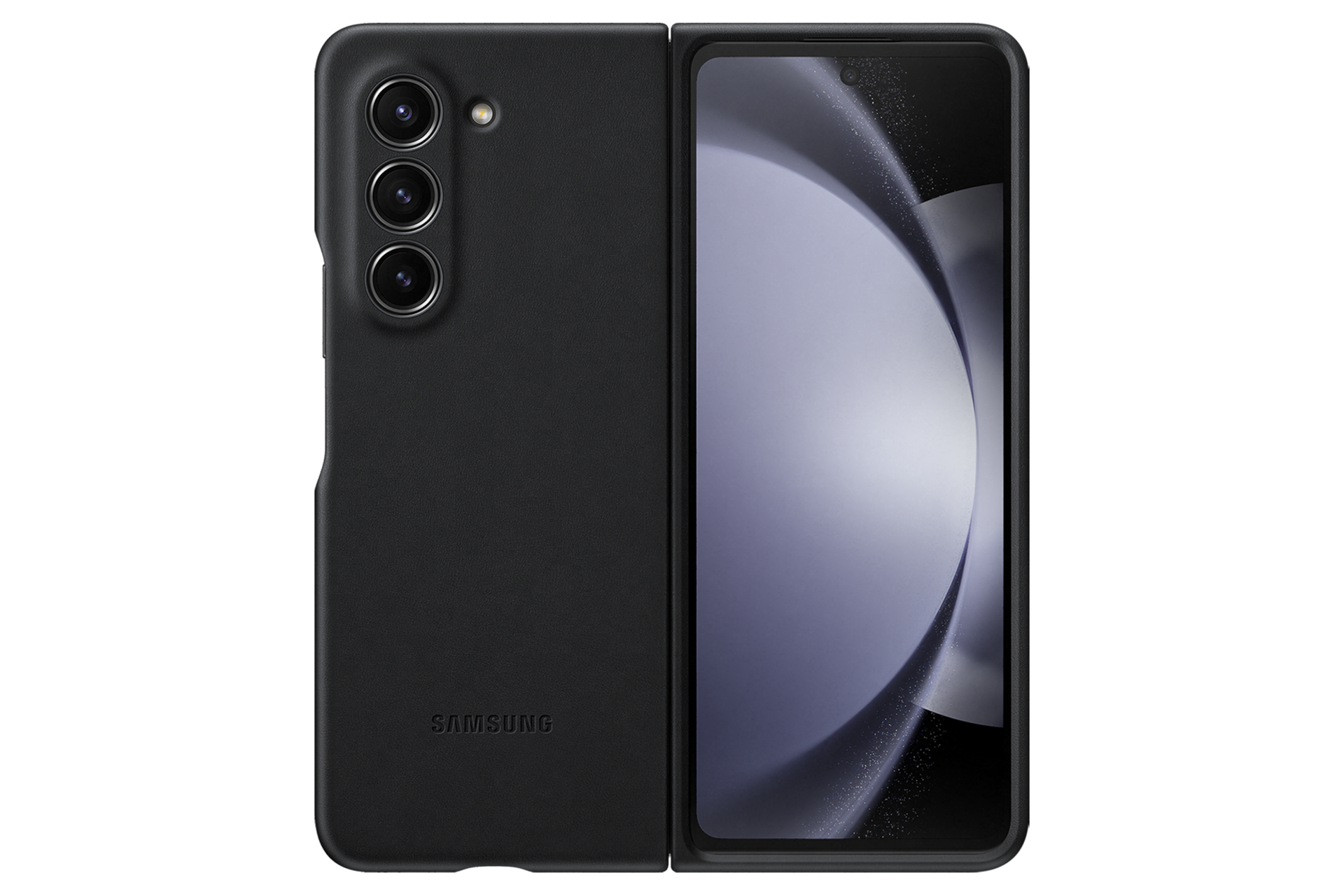 갤럭시 Z 폴드5 비건 레더 케이스 (블랙) 제품에 갤럭시 Z 폴드를 장착하여 펼친 정면 이미지