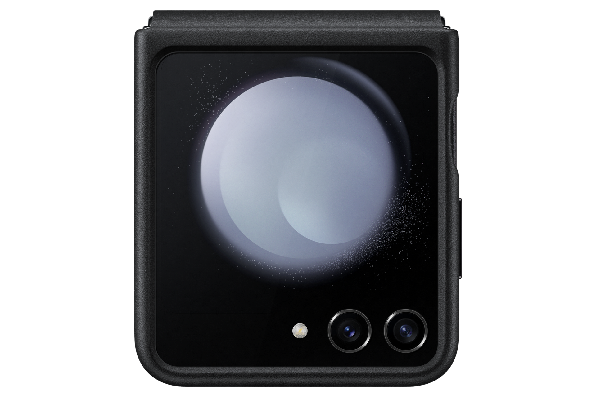 갤럭시 Z 플립5 플랩 비건 레더 케이스 (그라파이트) 제품에 갤럭시 Z 플립을 장착 후 닫은 앞면 이미지 