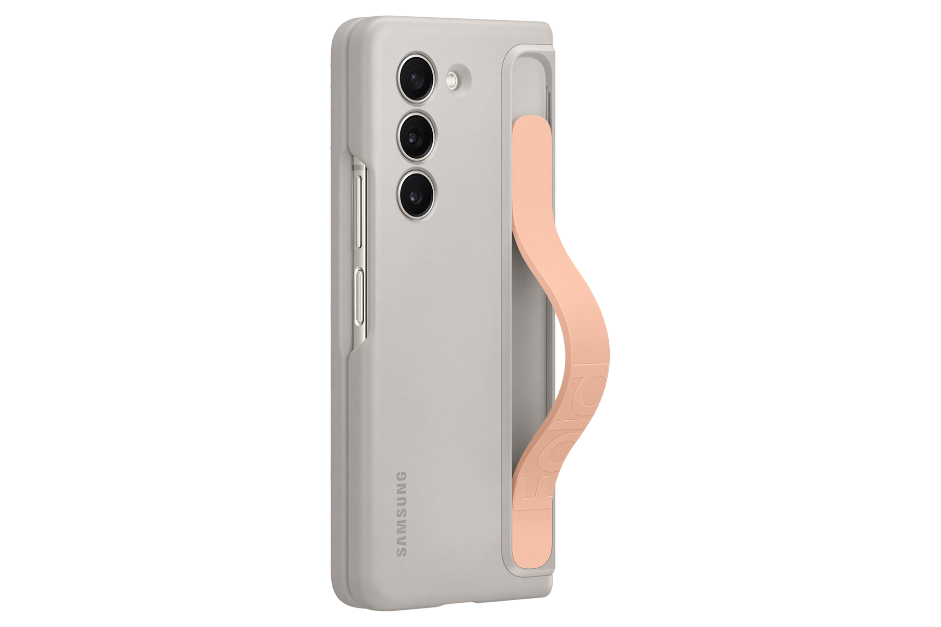 갤럭시 Z 폴드5 스탠딩 케이스 with 스트랩 (크림) 스트랩 제품에 갤럭시 Z 플립을 장착하여 스트랩을 당겨놓은 이미지 