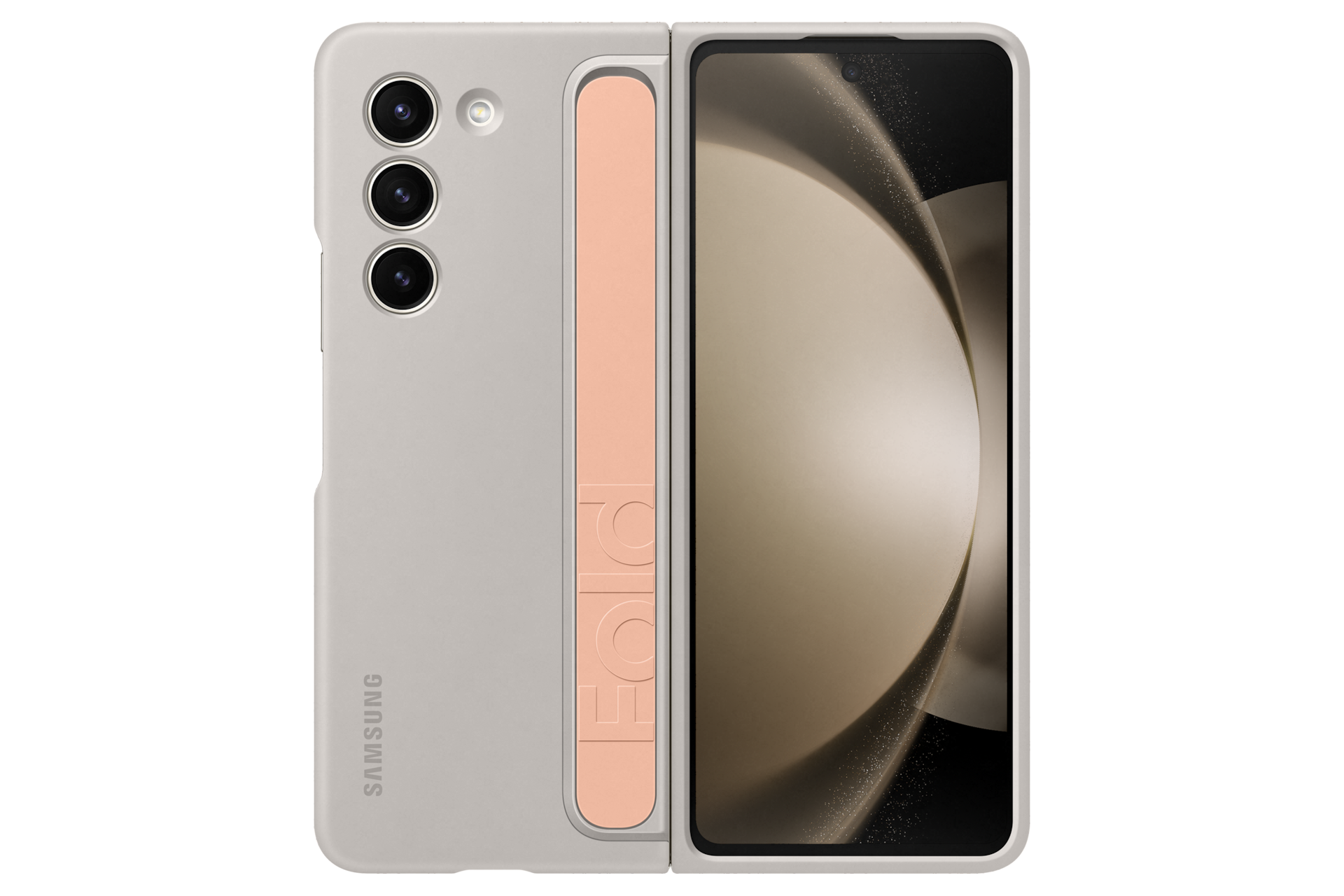 갤럭시 Z 폴드5 스탠딩 케이스 with 스트랩 (크림) 스트랩 제품에 갤럭시 Z 플립을 장착한 정면 이미지 