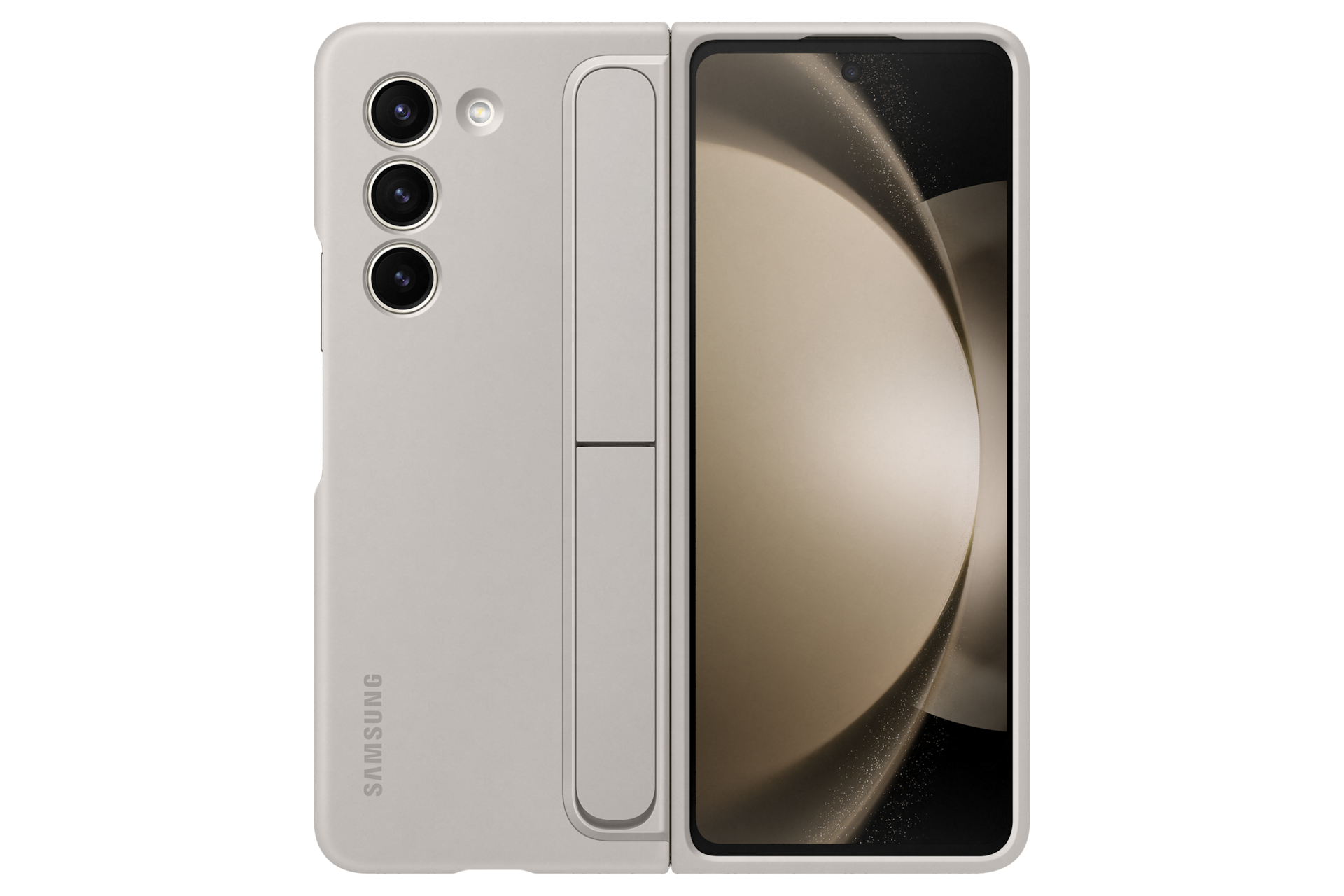 갤럭시 Z 폴드5 스탠딩 케이스 with 스트랩 (크림) 스탠드 제품에 갤럭시 Z 플립을 장착한 정면 이미지 