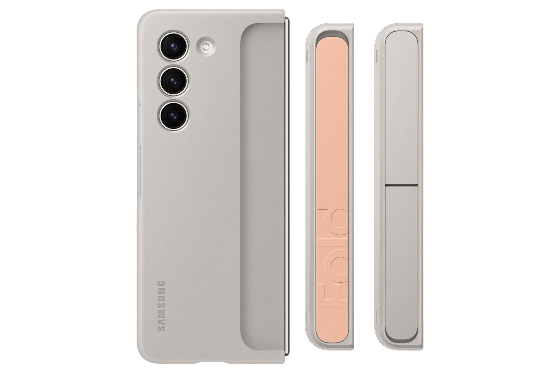 갤럭시 Z 폴드5 스탠딩 케이스 with 스트랩 (크림) 제품에 갤럭시 Z 플립을 장착하고 스트랩, 스탠드 구성 이미지 